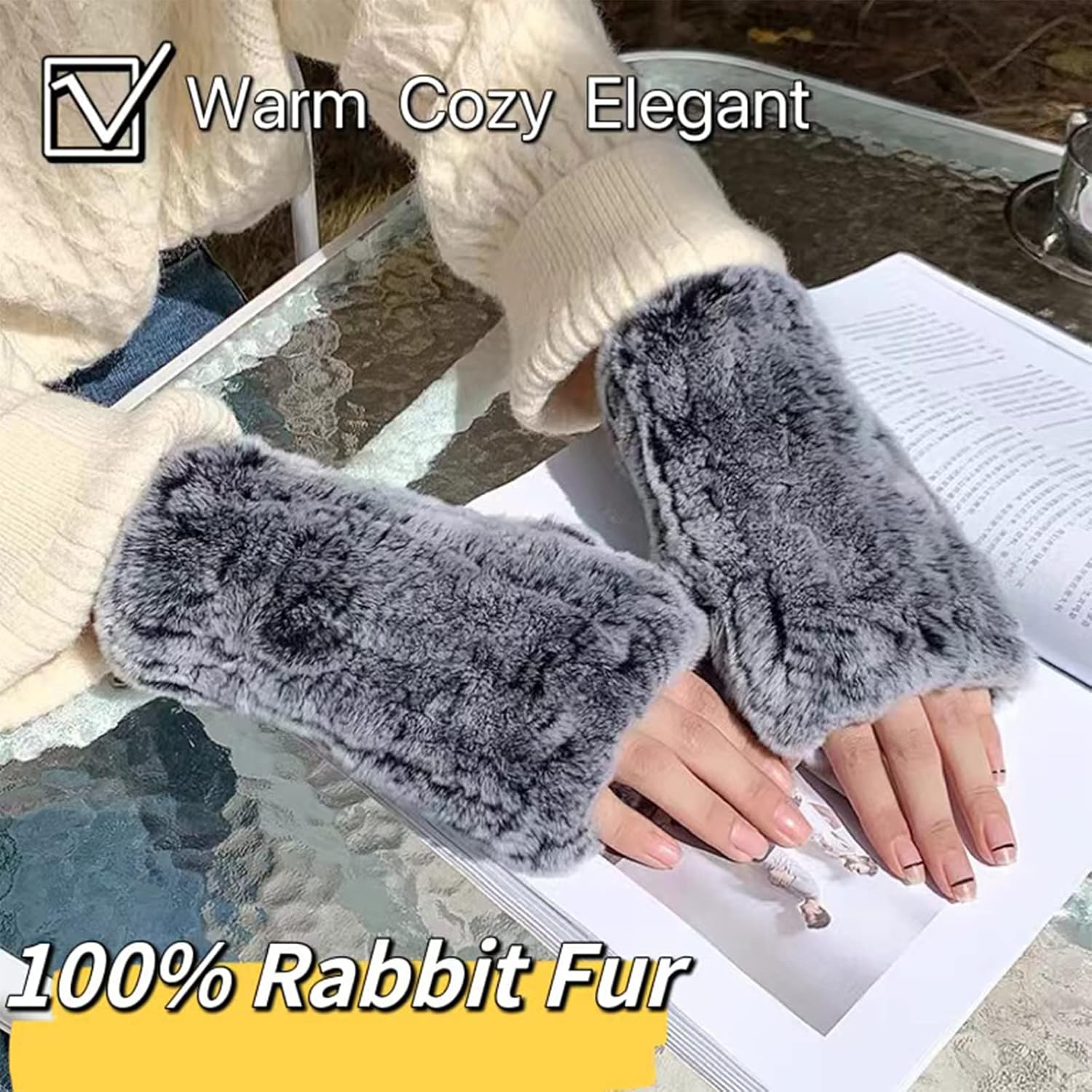 Real Rabbit Fur Gloves for Women - Winter Furry Mittens & Knitted Fingerless Gloves - Image 3
