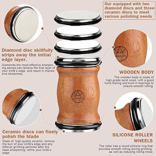 Miniatura 4 de Afilador de cuchillos rodantes con 5 discos reemplazables de diamante y cerámica, afilador de cuchillos 5 en 1 para acero de cualquier dureza, base