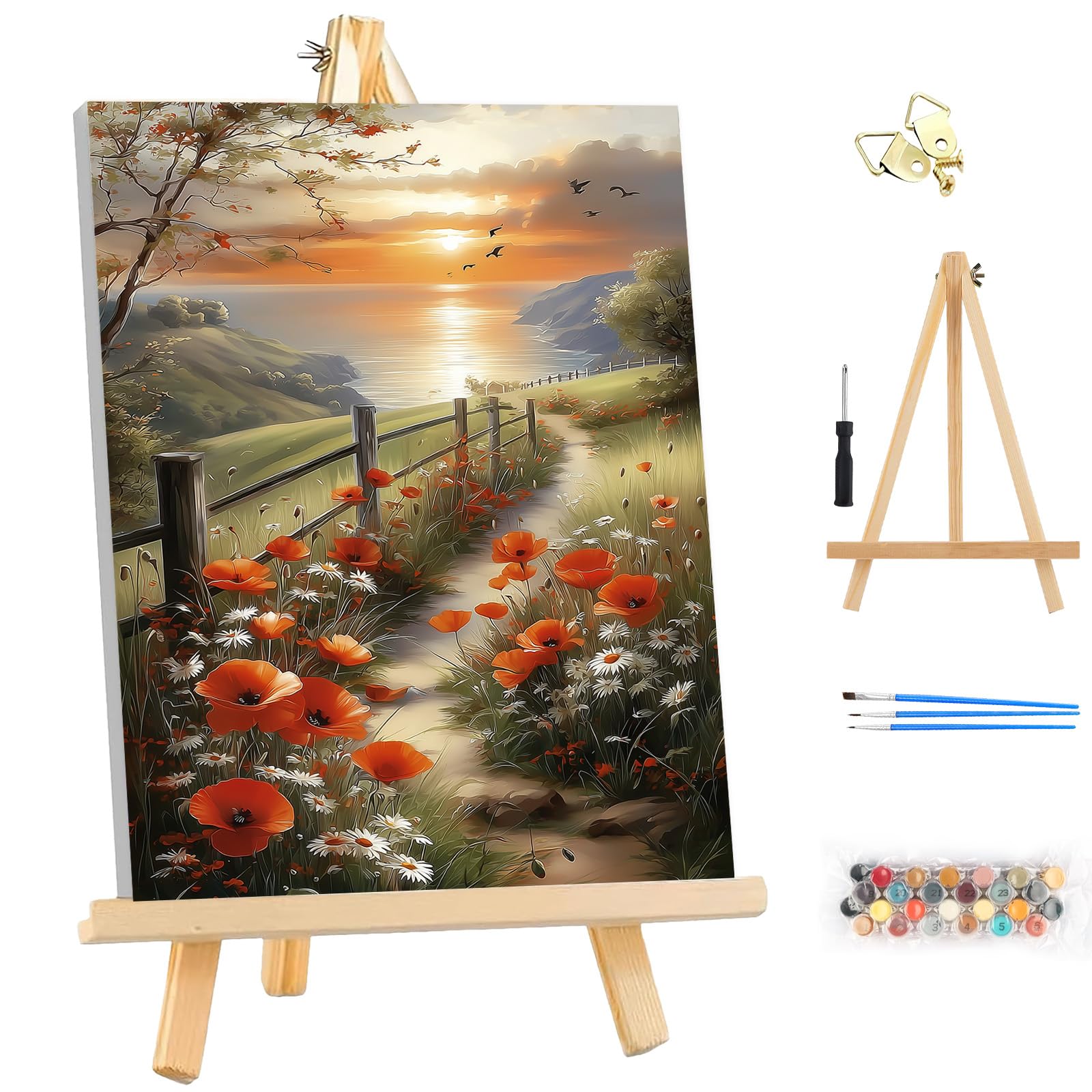 MEIYUDA Paint by Numbers Kits for Adult with Frame & Wooden Easel, Landscape DIY Seaside Canvas Oil Painting Kit for Adult or Beginner, Arts and Crafts Kit for Home Wall Decor 25x35cm
