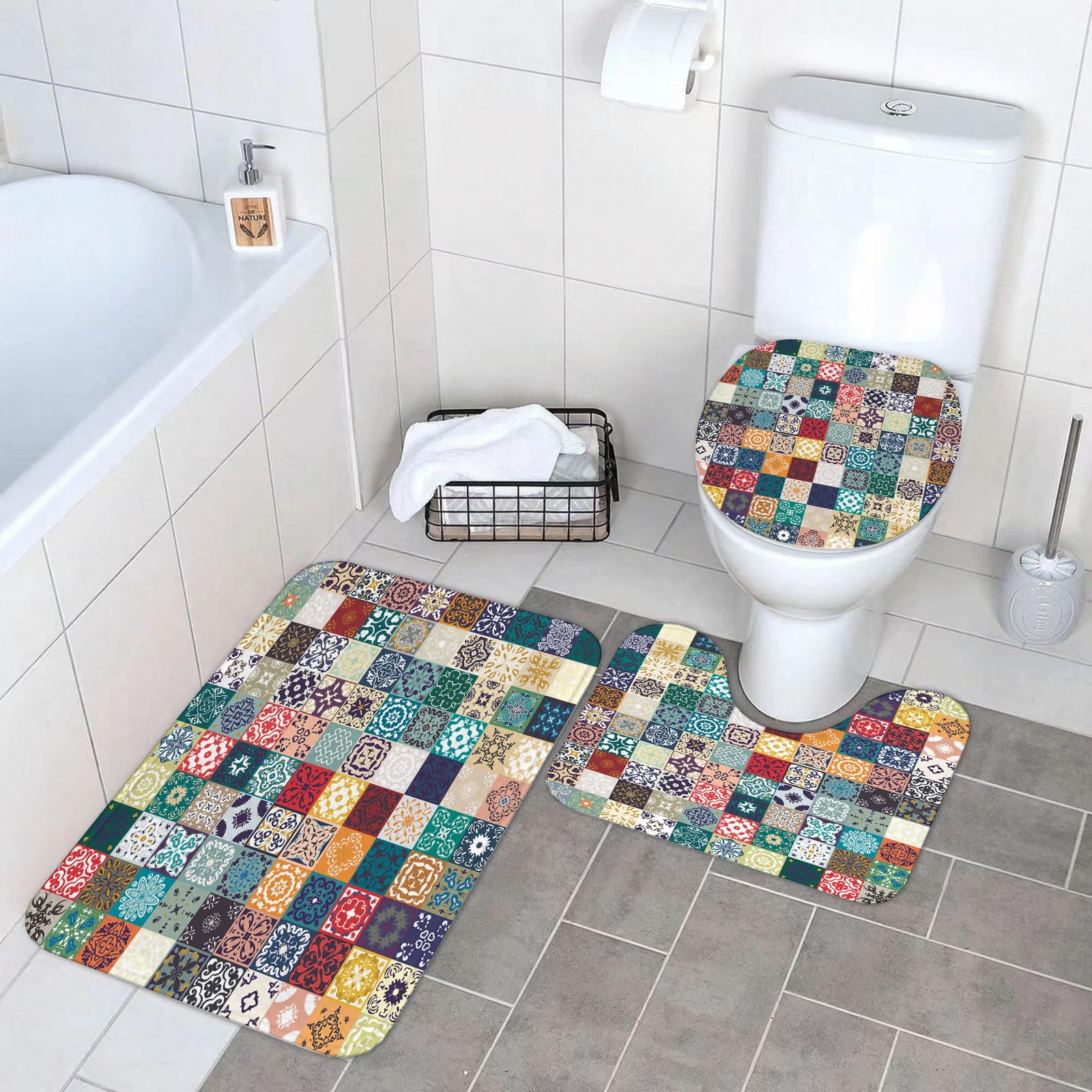 Set di 3 tappetini da Bagno, Lavabili in Lavatrice e Antiscivolo, in Morbida Fibra Superfine, con Vari Motivi Astratti.