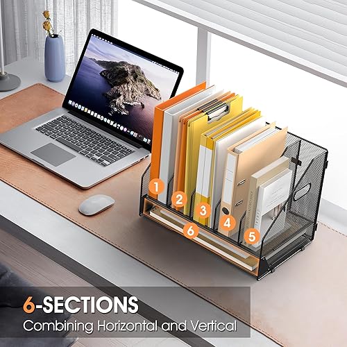 Miniatura 5 de Organizador de carpetas de archivos de escritorio, 5 compartimentos verticales y bandeja de papel para cartas, clasificador de archivos de malla