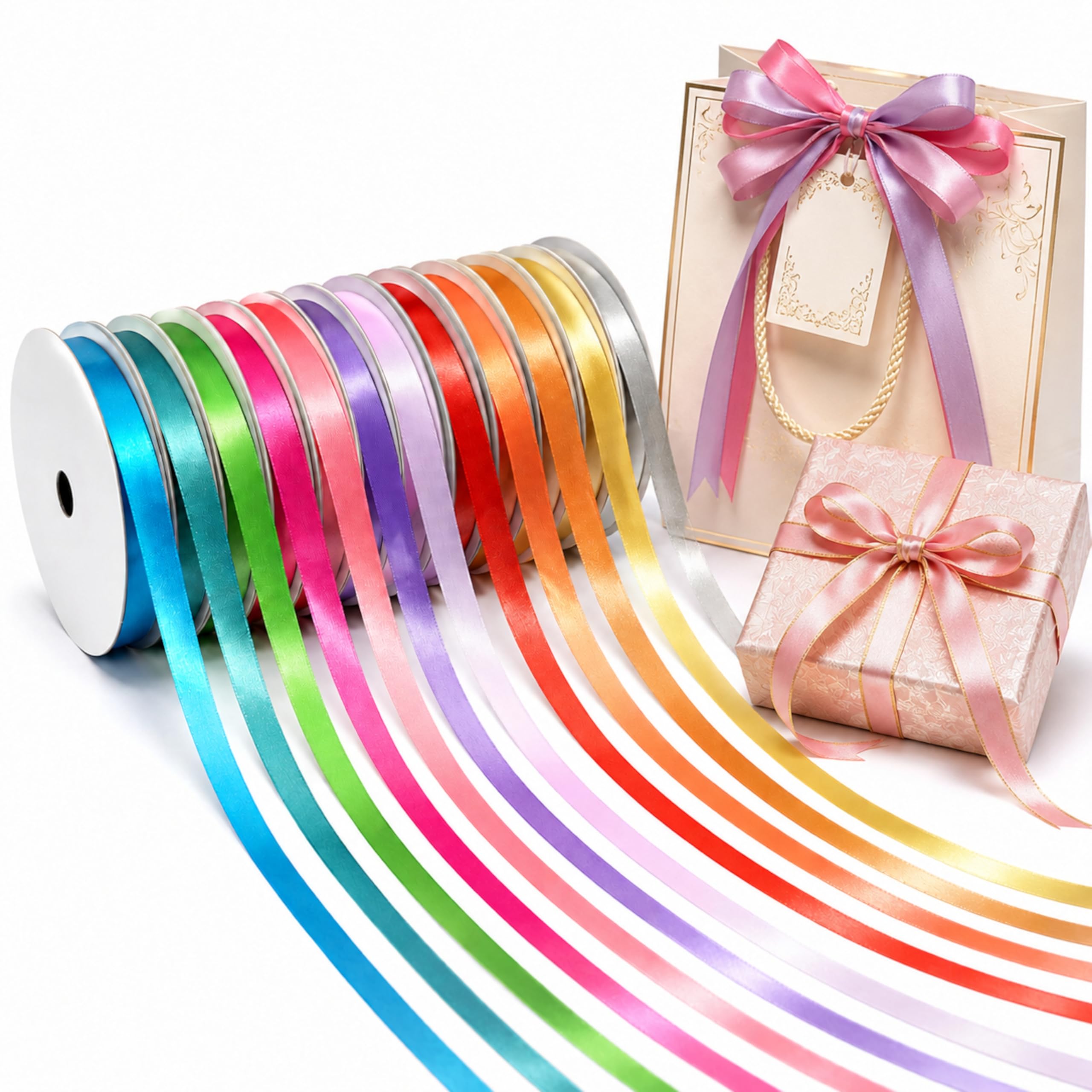 3/8 inch (1cm) Satin Ribbon, 5 Yards x 12 Rolls Assorted Solid