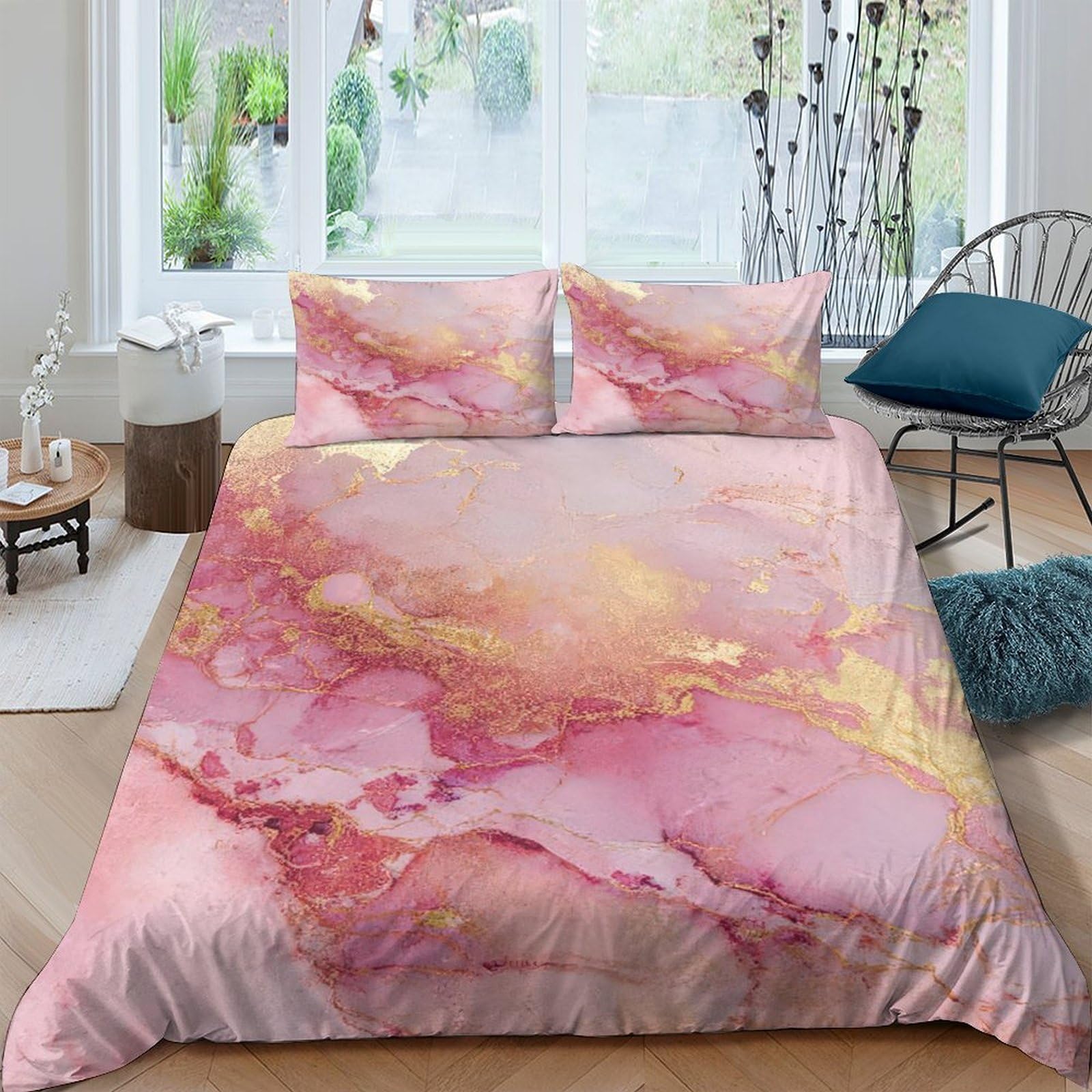 GPLZQXKJNH 3D Printed Pink Marble Duvet Cover Microfiber Soft Breathable Gold Texture Bedding Set with 2 Pillowcases for Bedroom Decor Single（135x200cm）