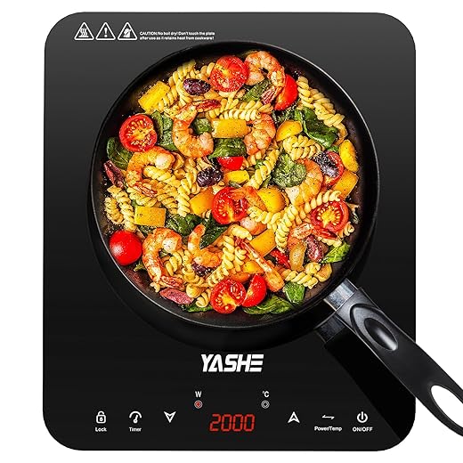 YASHE Piastra a induzione portatile singola 2000W, 10 livelli di potenza e temperatura, timer integrato, blocco di sicurezza, facile da pulire