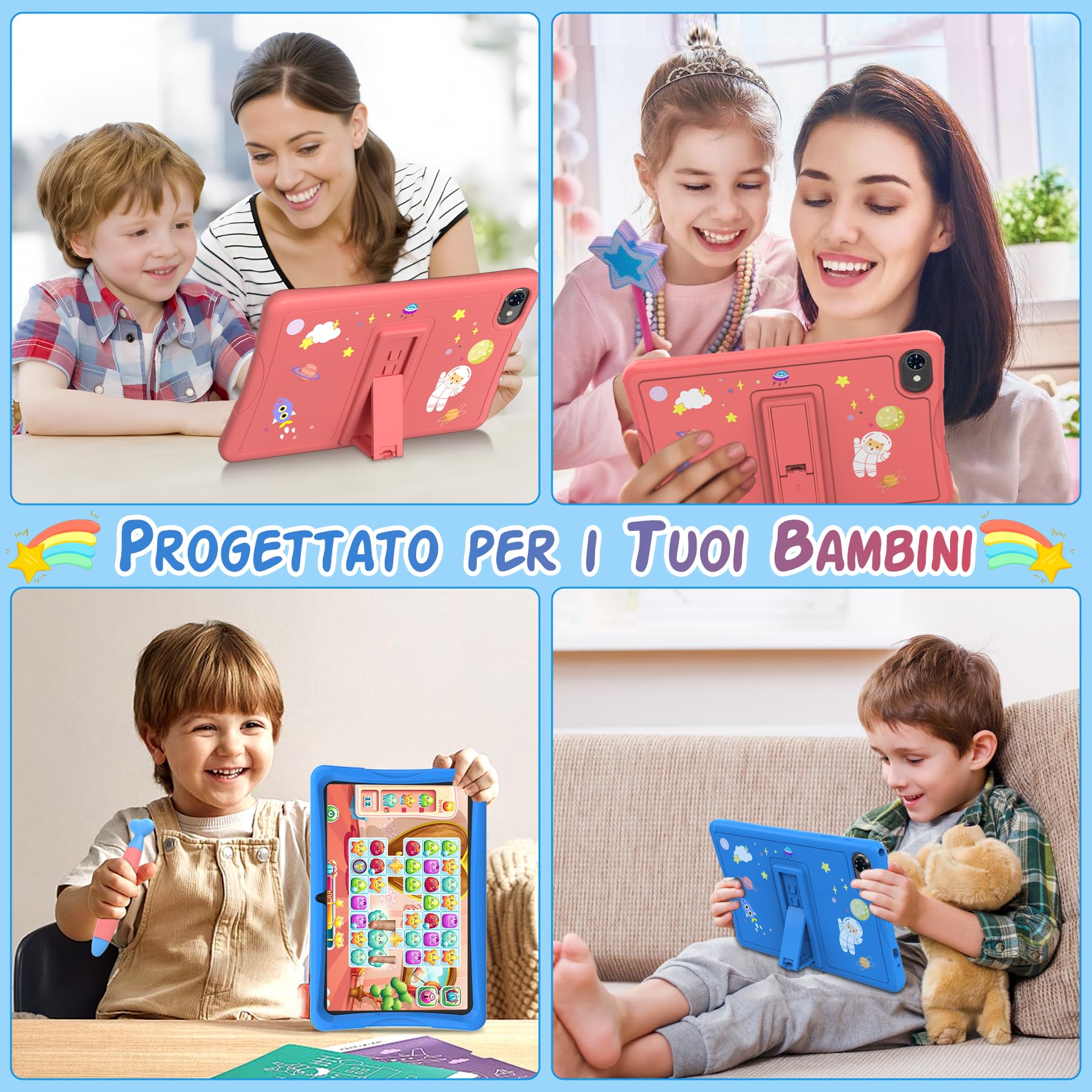 TABWEE K10 Tablet Bambini 10 pollici, 12 GB RAM + 64 GB ROM (TF 2 TB) | Android Tablet Educativo con Controllo Parentale, Google Kids Space, WiFi 6, Schermo Anti-Luce Blu, Custodia - Blu