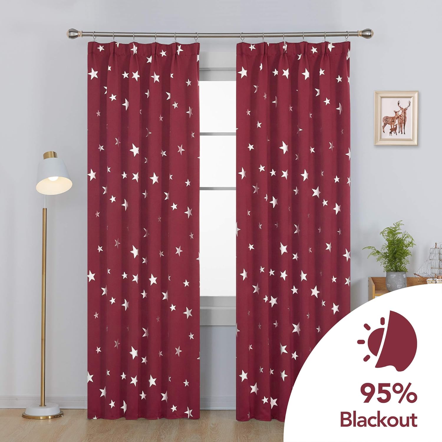Deconovo Set of 2 Thermal Blackout Curtains Anti-Cold Silver Star Design with Ruffle Tape 117 x 229 cm Christmas Red - Image 3