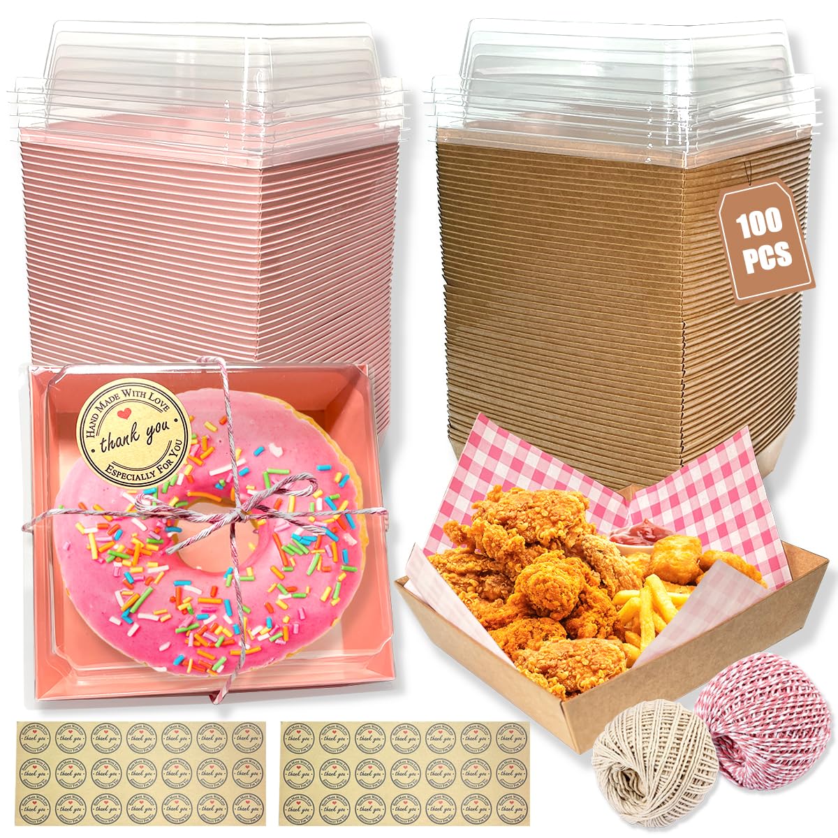 100 cajas de papel para embutidos con tapas transparentes, recipientes individuales de 5 pulgadas a prueba de aceite con cordel adhesivo de papel para hornear, caja de postre cuadrada para