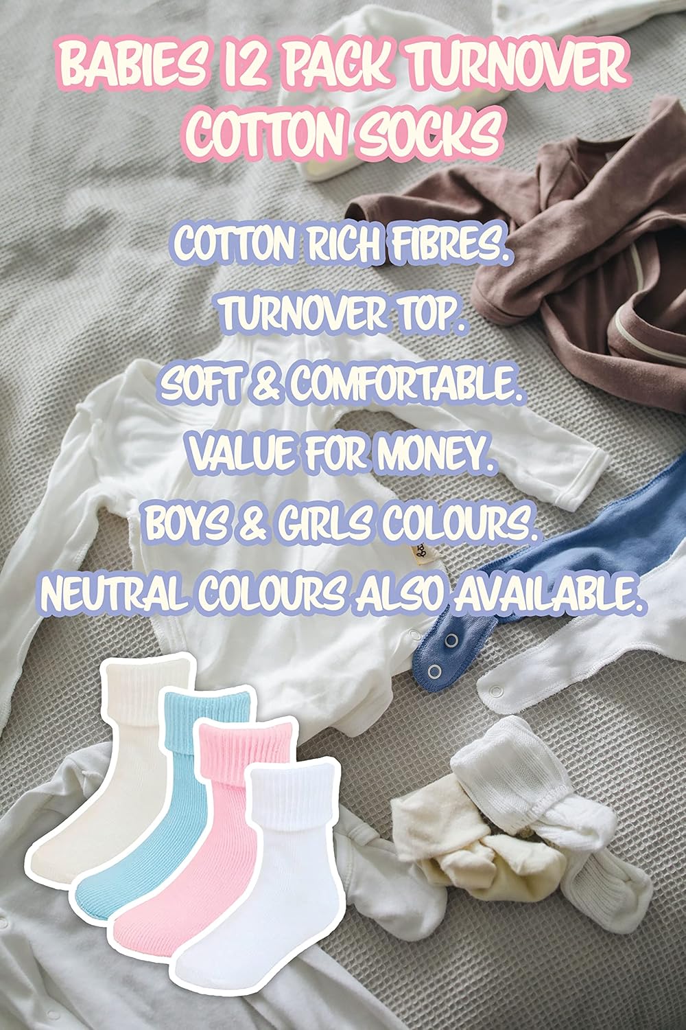 Sock Snob 6 Pair Baby Cotton Plain Funny Turn Over Top Socks for Boy and Girl