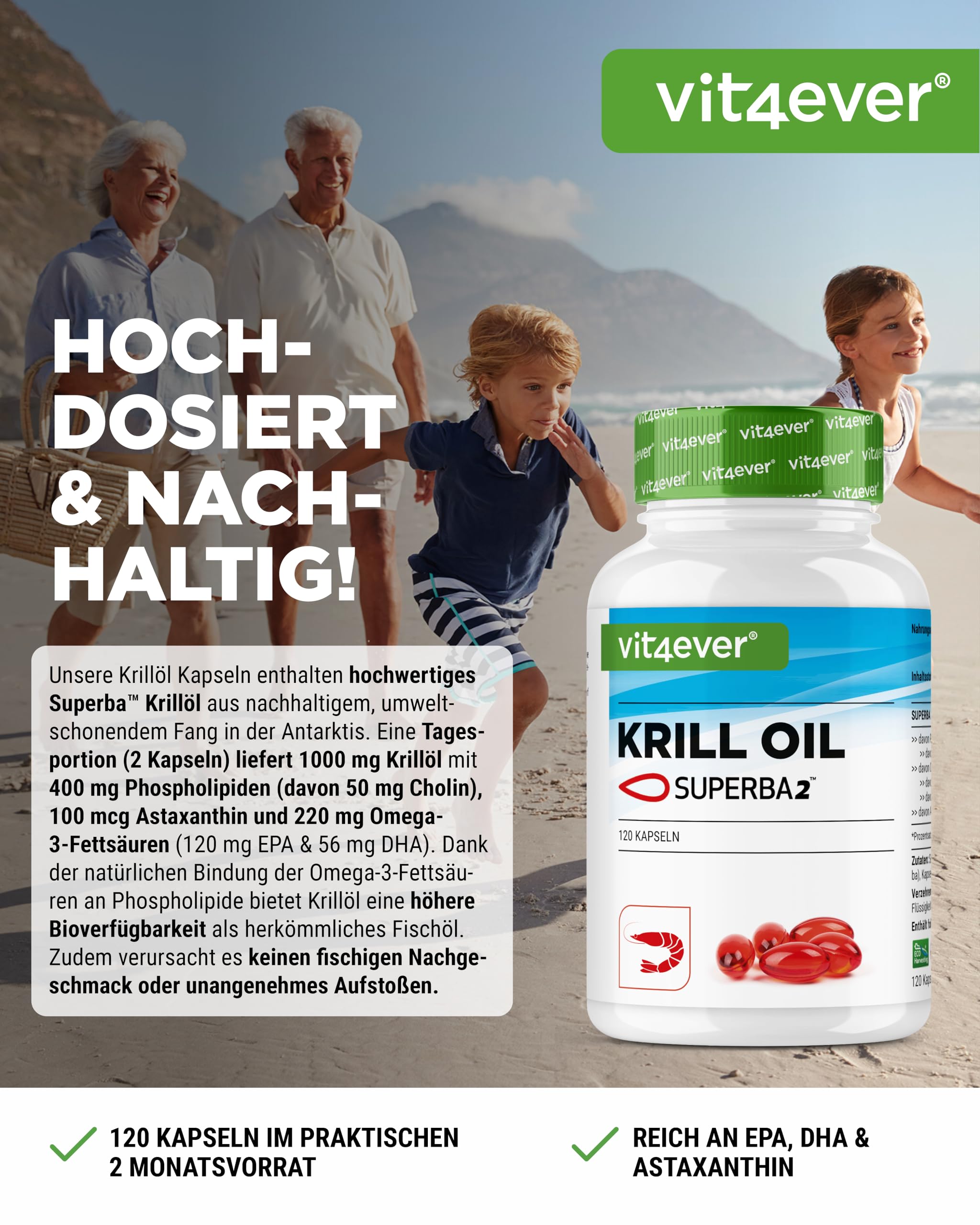 vit4ever Krill Öl - 120 Kapseln - Superba Antarktis Krillöl | 1000 mg Krillöl, EPA & DHA, Astaxanthin, Phospholipide, nachhaltig