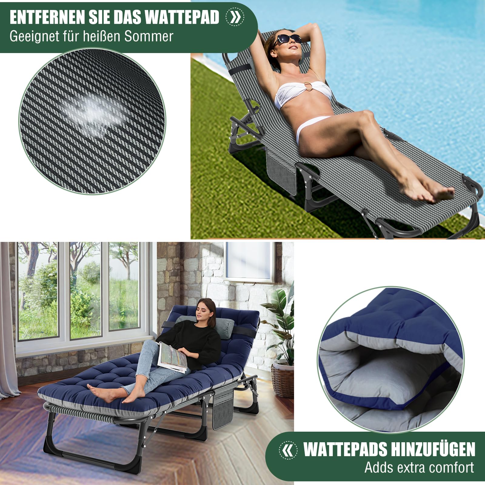 Klappbar Sonnenliege Gartenliege Klappbett, 200kg Belastbar Klappbar Liegestuhl Gästebett mit Matratze und Kopfstütze, Relaxliege für Balkon, Garten, Kann als Campingbett