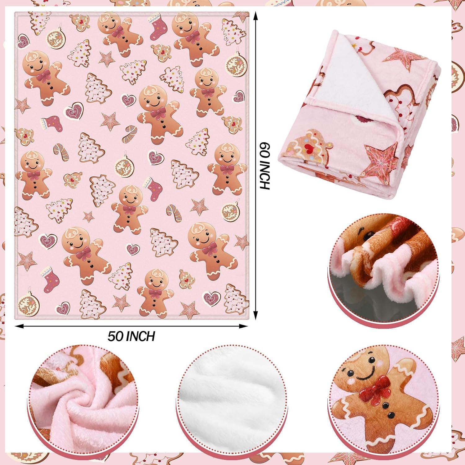 Buryeah Christmas Pink Gingerbread Blankets Christmas Throw Blanket 60 x 50 Inches Star Candy Cane Flannel Soft Large Thick Throw for Bed Sofa Couch Home Decor - Image 3