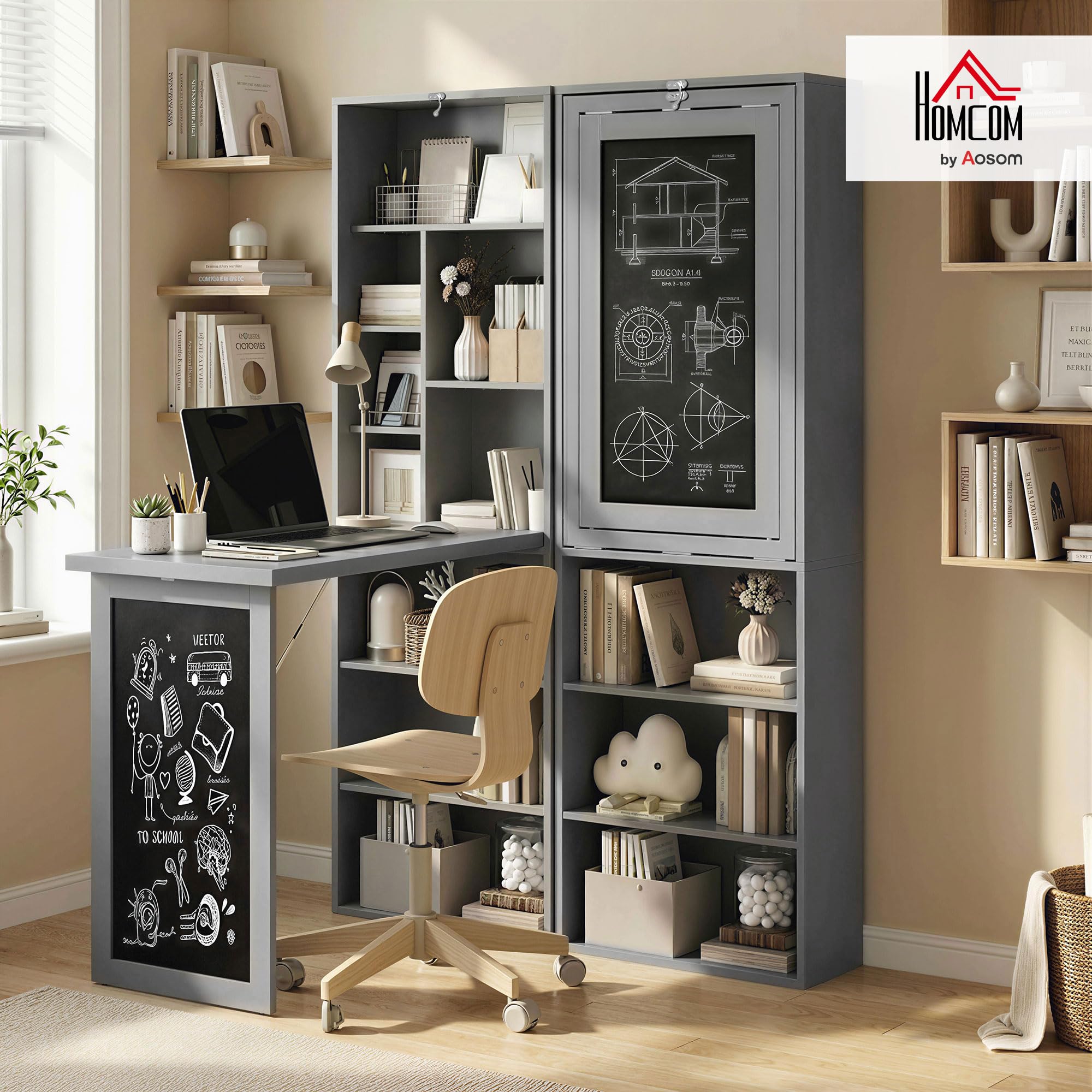 HOMCOM Escritorio Plegable para Ordenador, Escritorio con almacenaje, Mesa de Pared Plegable con librería, estación de Trabajo, Pizarra y Estante Ajustable, Gris Oscuro | Plegable, estación de trabajo, mesa negra, 9 compartimentos abiertos, estante ajusta