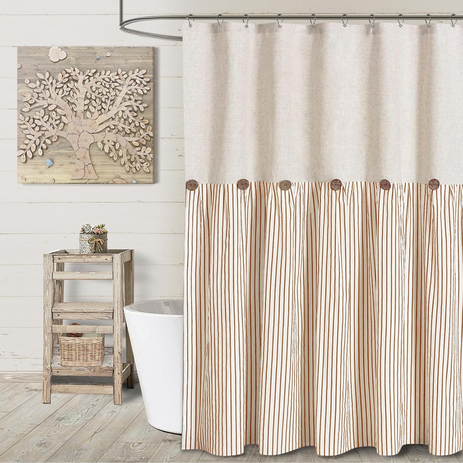Amazon.com: Awellife Farmhouse Orange Shower Curtain Button Linen Textured Woven Fabric,Pleated ...