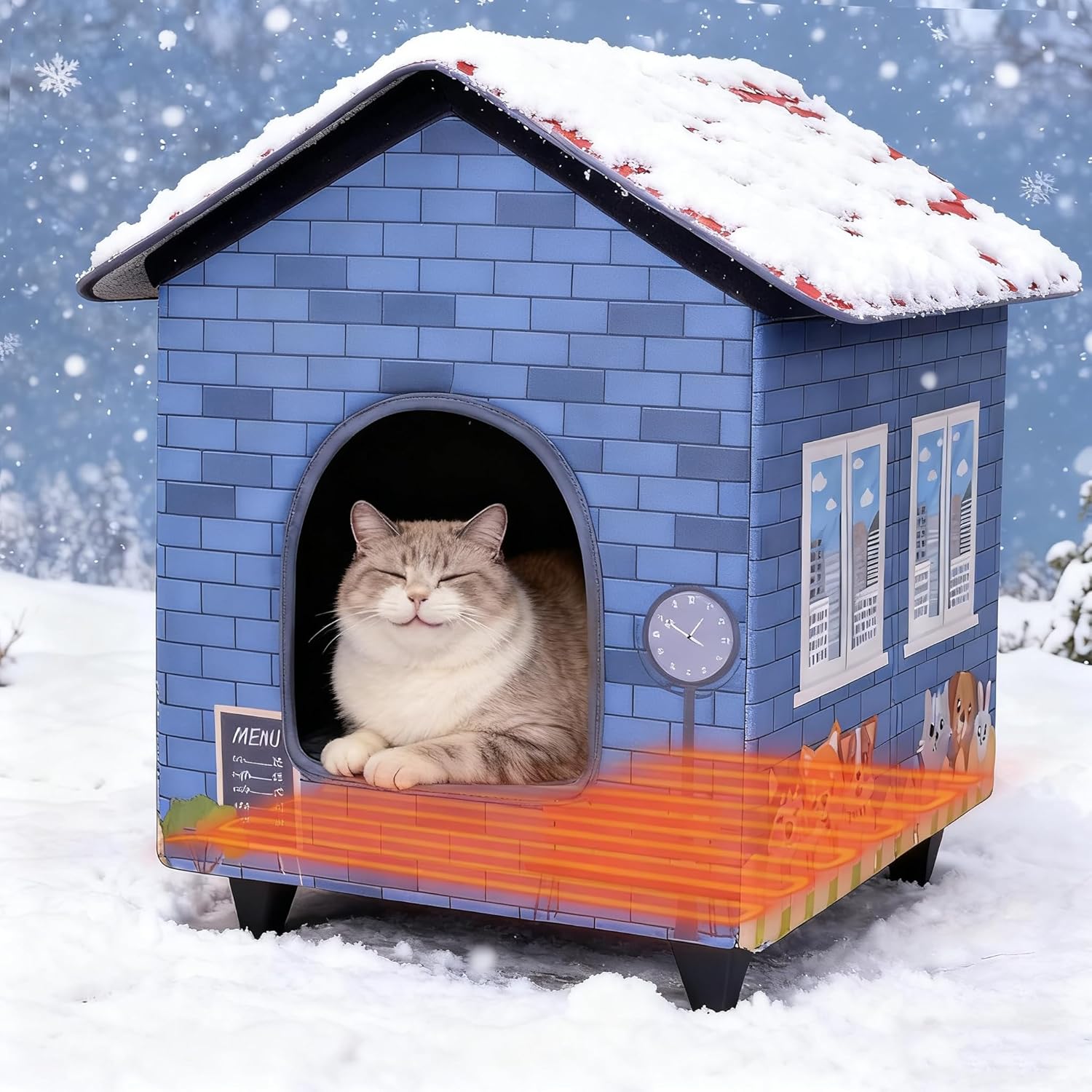 Heated Cat House for Outdoor with Elevated Base,Heated Kitty House for Outside in Winter Blue