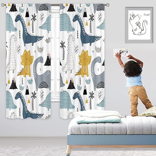 Cinbloo Cortinas de dinosaurio de 42 pulgadas de ancho x 63 pulgadas de largo, bolsillo para barra de niños, dinosaurio de dibujos animados para