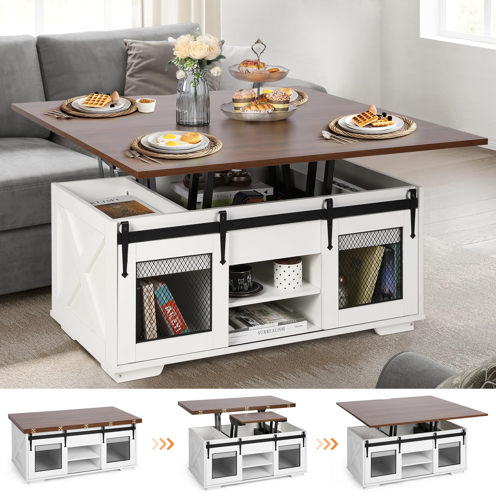 VOWNER Mesa de Centro Elevable, Mesa Extensible, Multifuncional 3 en 1 con Almacenamiento Oculto - Comedor, Convertible, Estilo Granja, Nogal