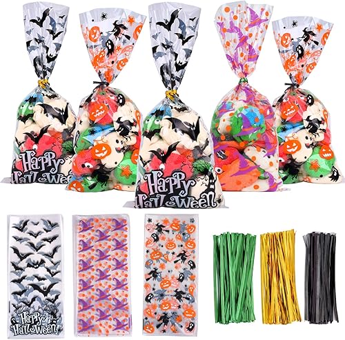 DIYASY 150 bolsas de celofán de Halloween, bolsas de dulces transparentes, bolsa de plástico para murciélagos, calabaza, bolsa de golosinas de bruja
