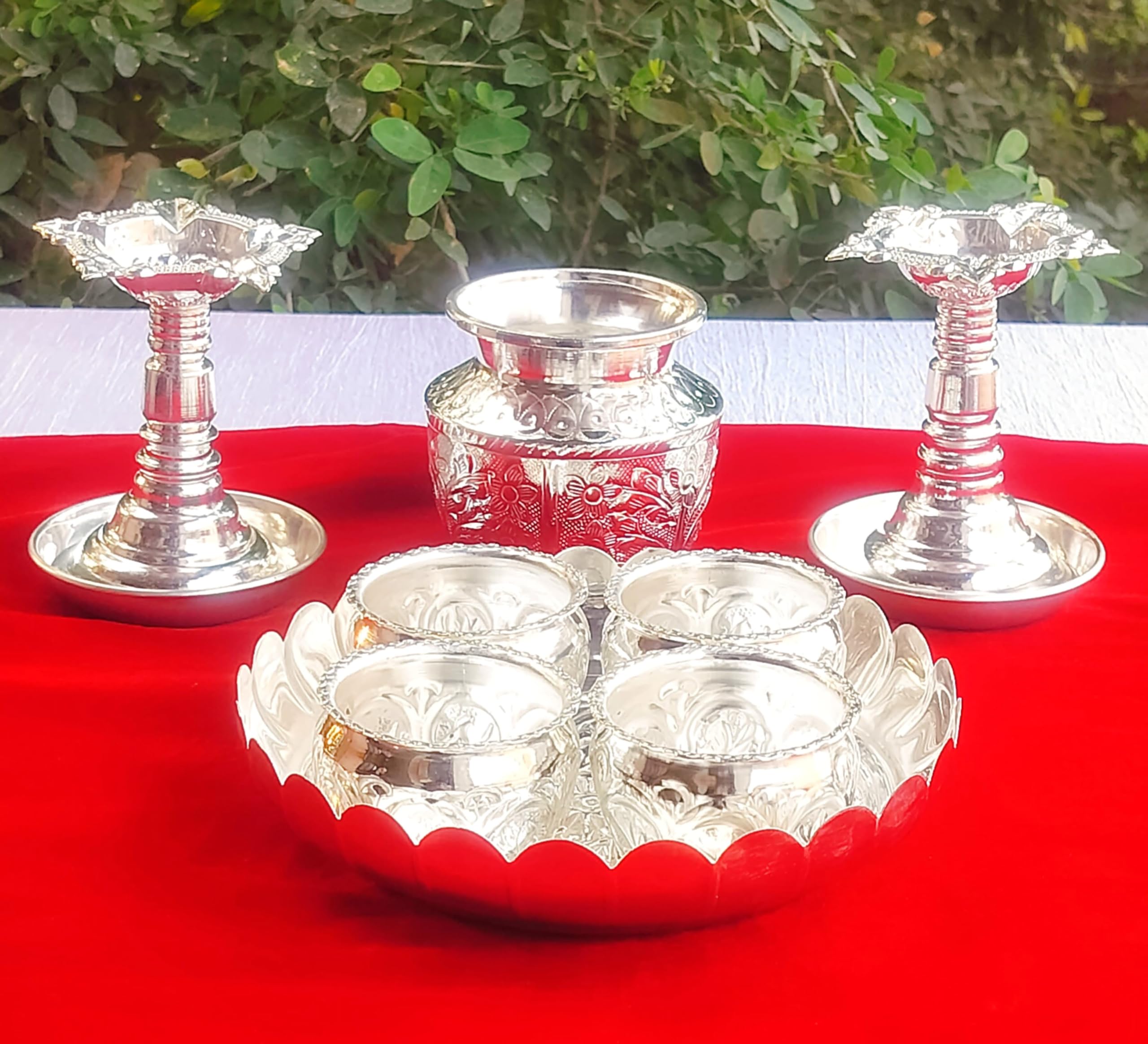 indiancraftsbykanika German Silver Pooja Set of 10 Pieces for House Warming Pooja/Festival/Wedding