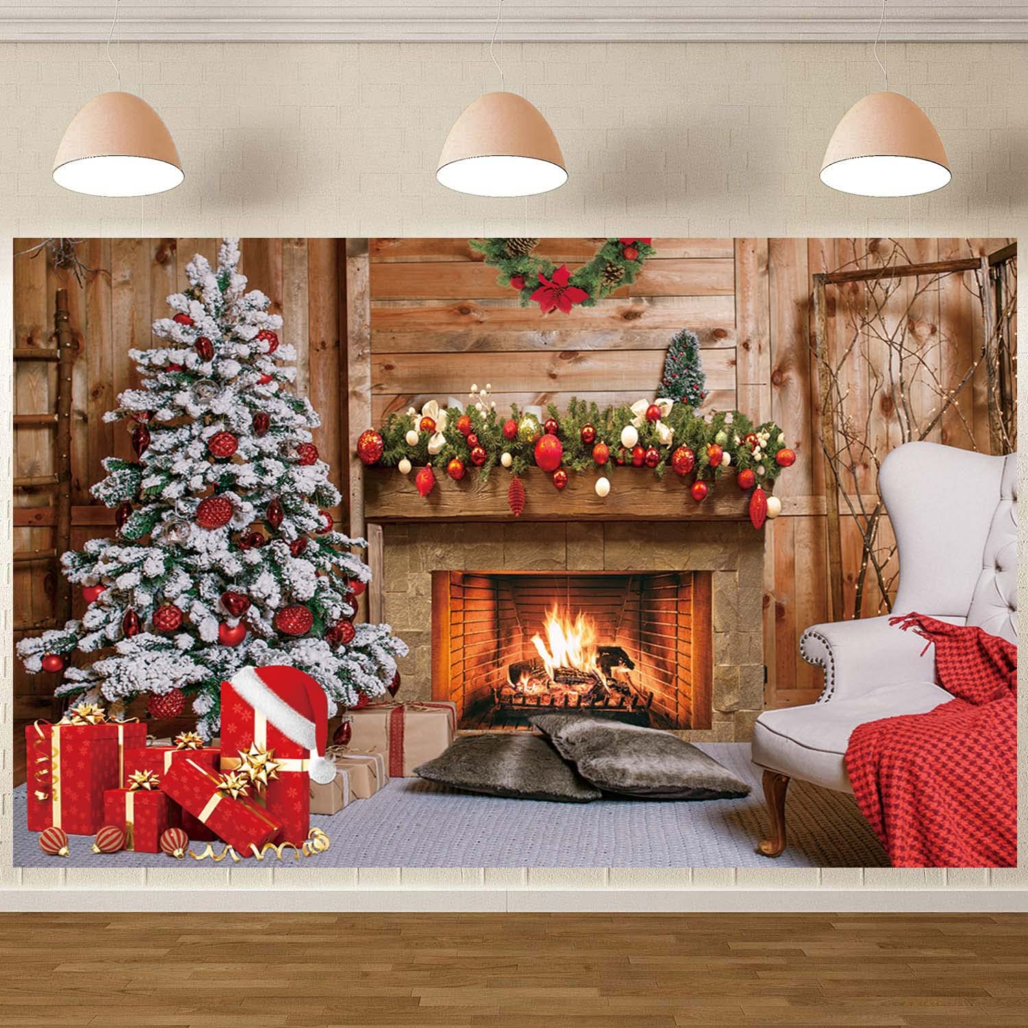 Telón de fondo de chimenea de Navidad, telón de fondo de fotos de Nochebuena, árboles de Navidad, fondos para fotografía, suministros de decoración de fiesta familiar (300 x 240 cm)