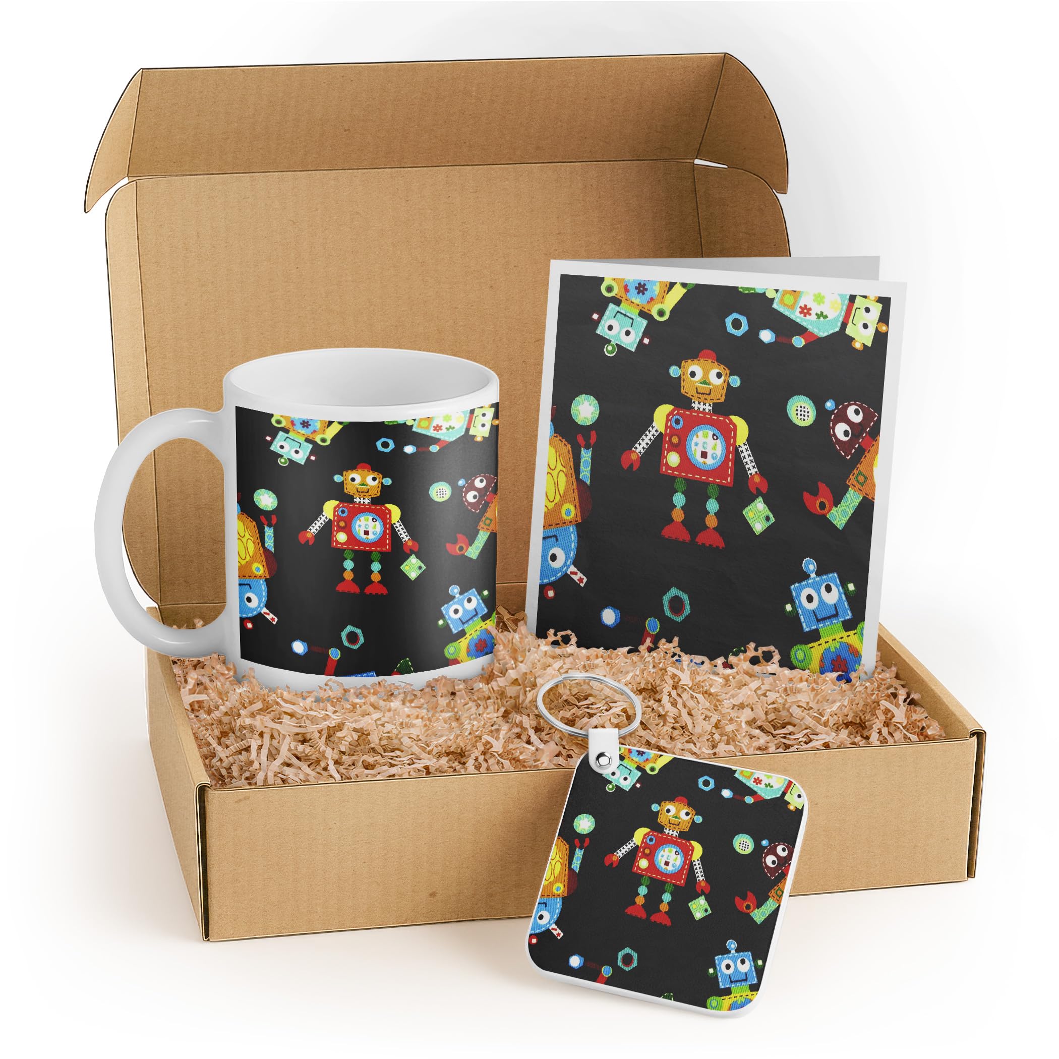 3dRose Robot Themed Gift Set for Kids – Includes Mug, Keychain, and Card – Perfect Birthday or Holiday Gift for Children