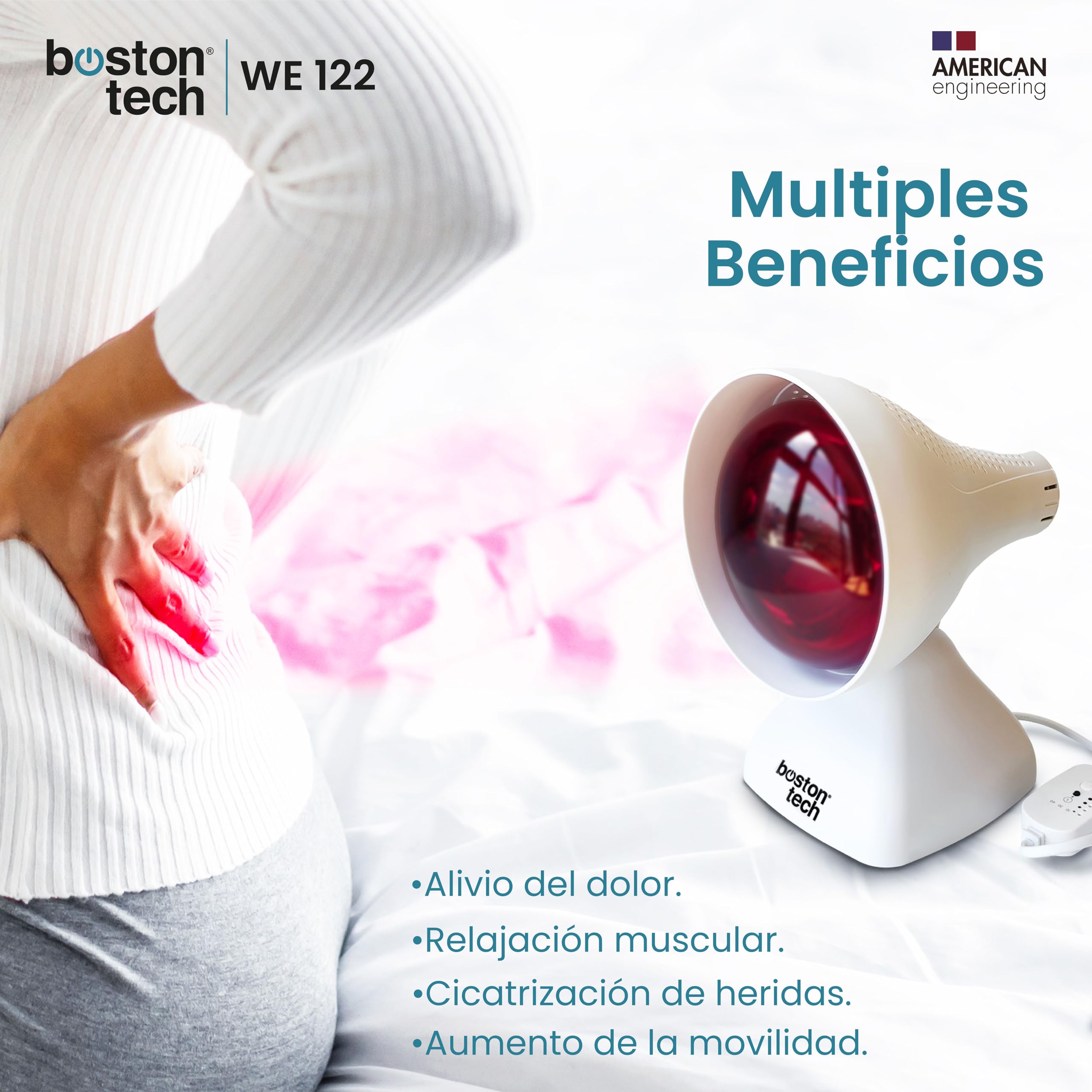 Boston Tech WE122 Lámpara de infrarrojos sobremesa fisioterapia dispositivo Termico potencia 200W alivio dolores y tensiones musculares 3 niveles de inclinación Temporizador y proteccion ocular.
