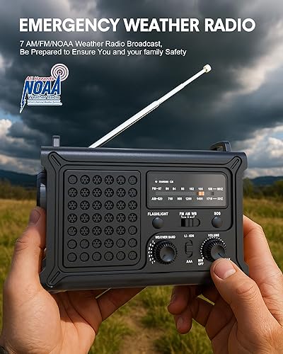 Miniatura 2 de Radio meteorológica de emergencia mejorada, manivela de mano y energía solar, radio NOAAAMFM con alerta meteorológica, cargador USB portátil,