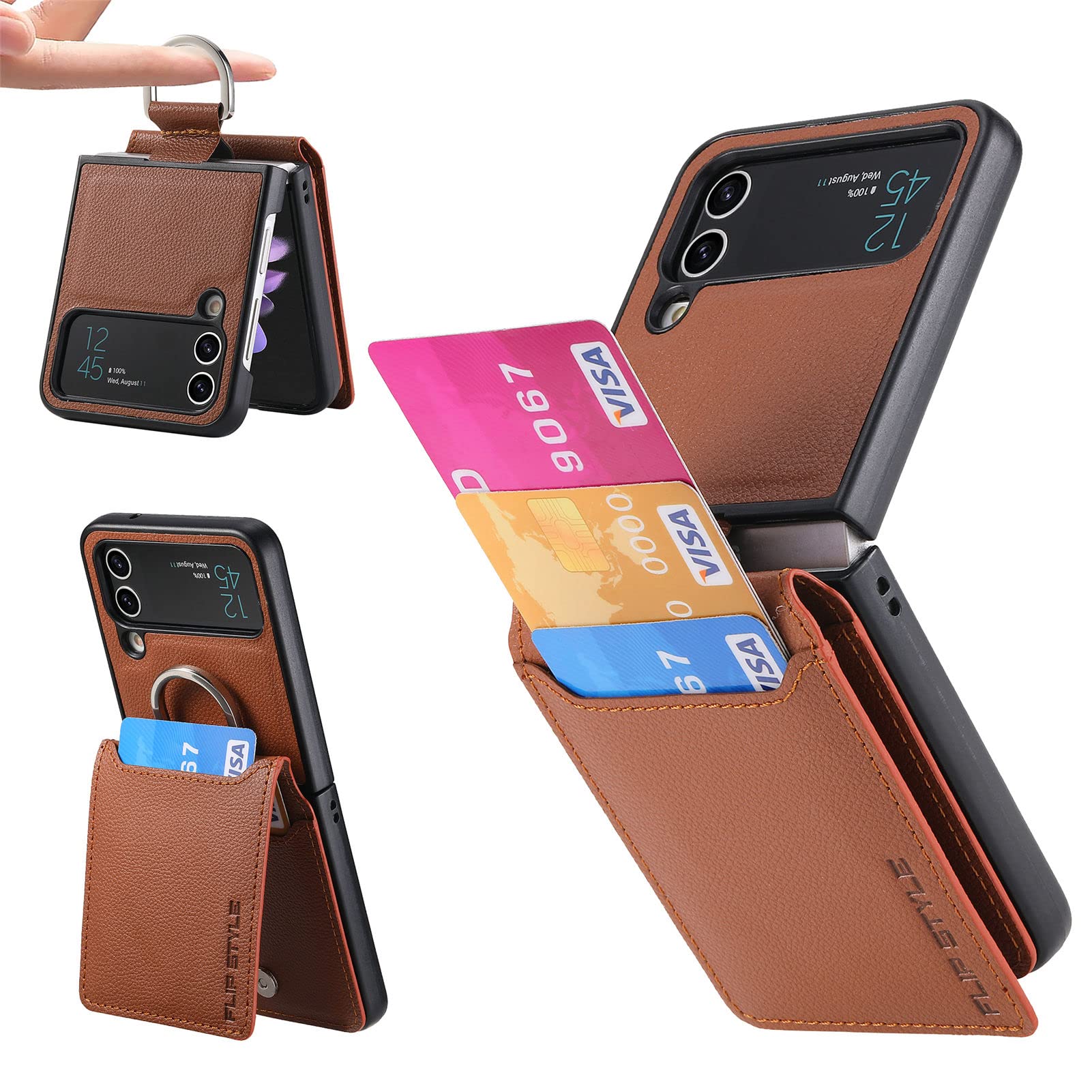 Asuwish Phone Case for Samsung Galaxy Z Flip 3 5G 2021 with Card Slot Holder Wallet Cover and Ring Stand Magnetic Back Cell Mobile Accessories