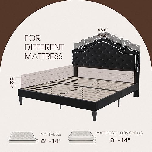 Miniatura 8 de WEEWAY Base de cama Queen con cabecero curvado de tiara ajustable de terciopelo y alta resistencia, plataforma tapizada con botones de diamante con