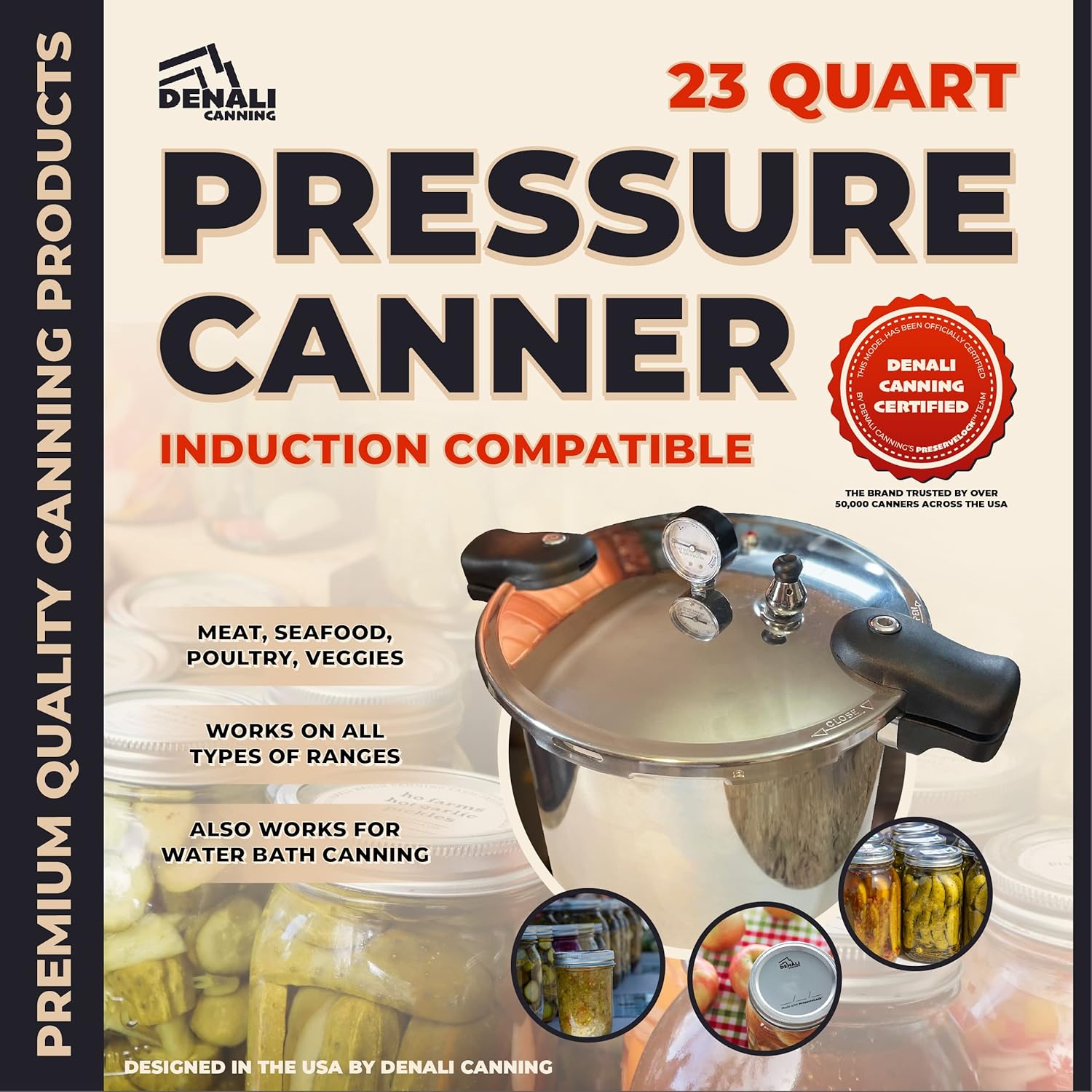 Denali Canning 23 Quart Pressure Canner & Cooker | Induction Compatible | Pressure Gauge & Pressure Regulator | Aluminum & Stainless Steel | Denali is a USA Company