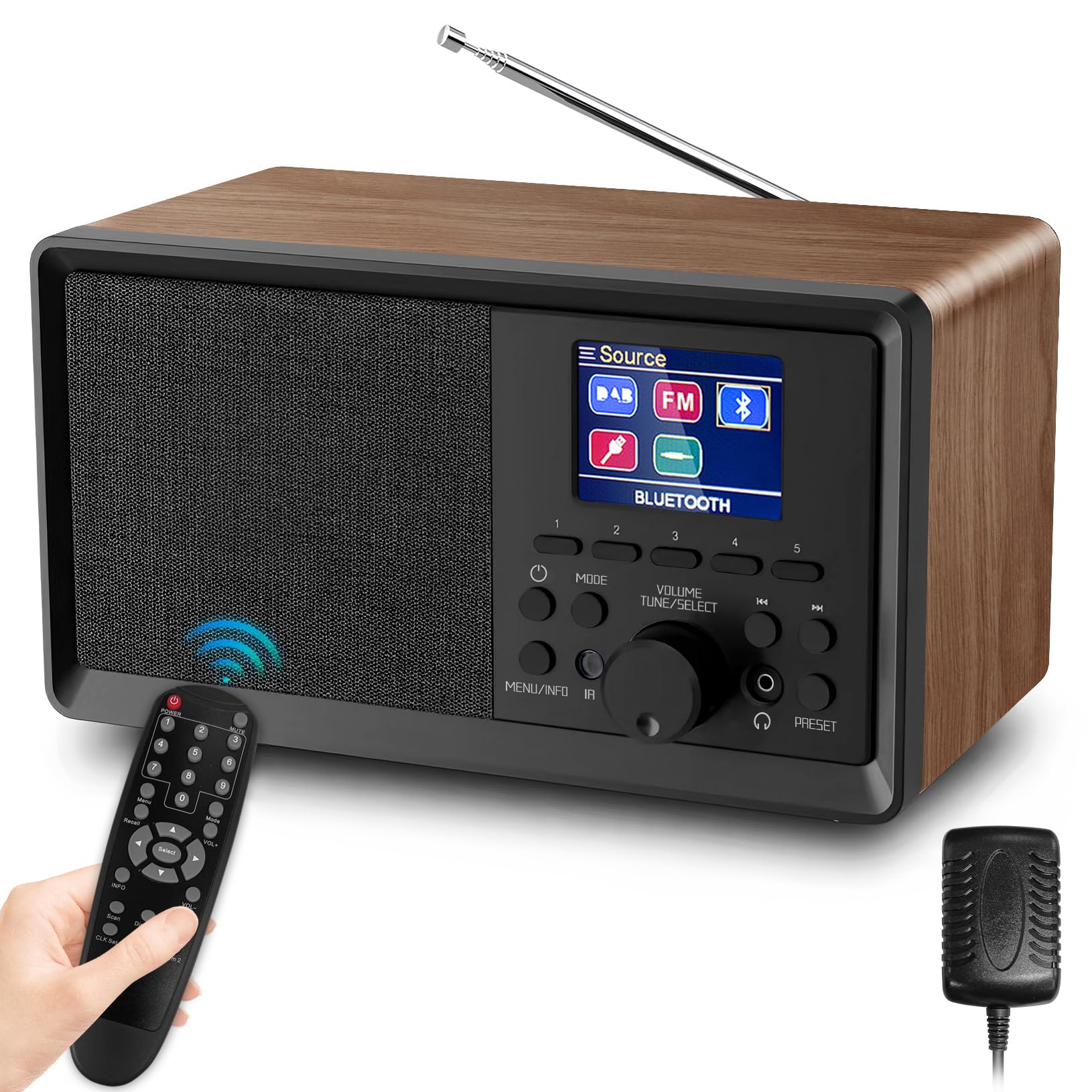 Radio Dab, Dab Plus Numérique Rechargeable avec Bluetooth 5.0, FM Vintage Radio Cuisine ave ctelecommande écran LCD Couleur 2.4, Connexion MicroSD/TF/AUX，RéveilDouble, Minuterie de Veille bois
