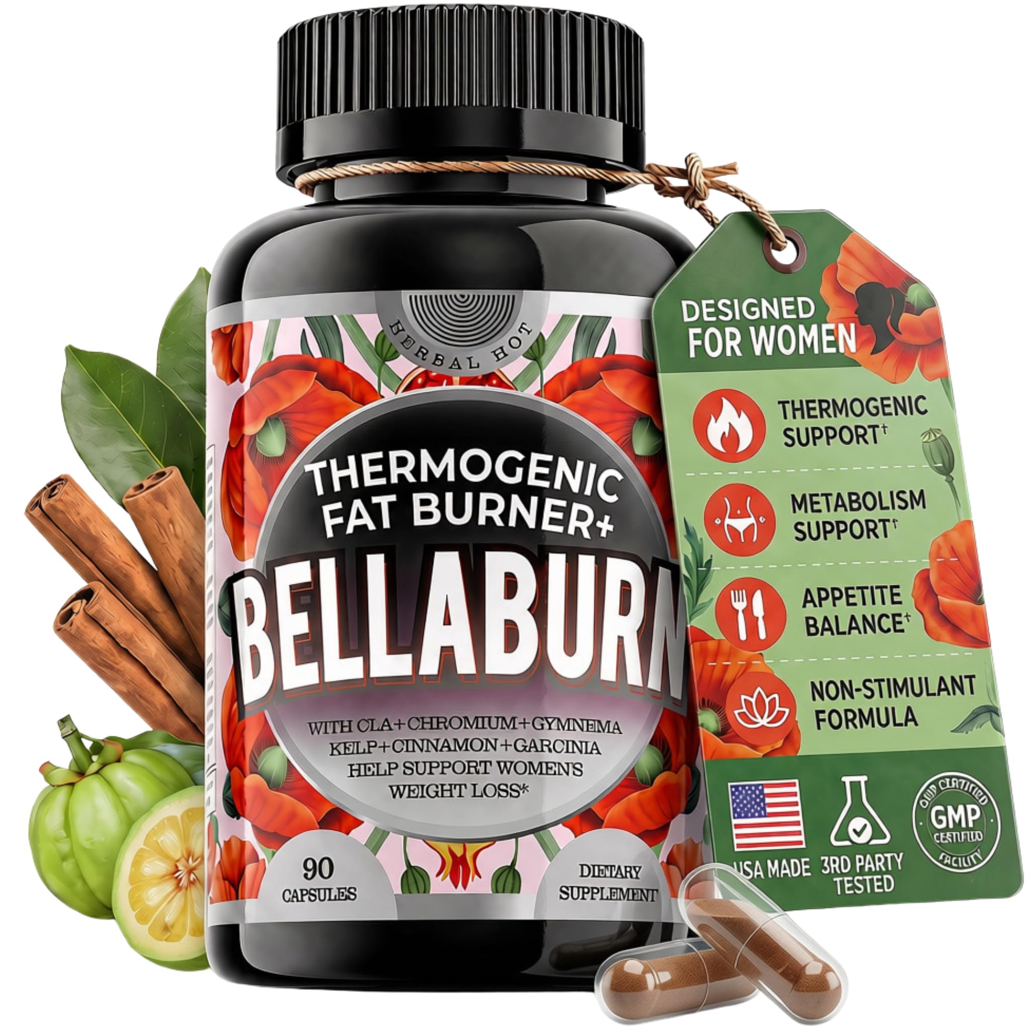 HERBAL HOT Suplemento para controle de peso com CLA, Garcinia cambogia e cromo 90 cápsulas