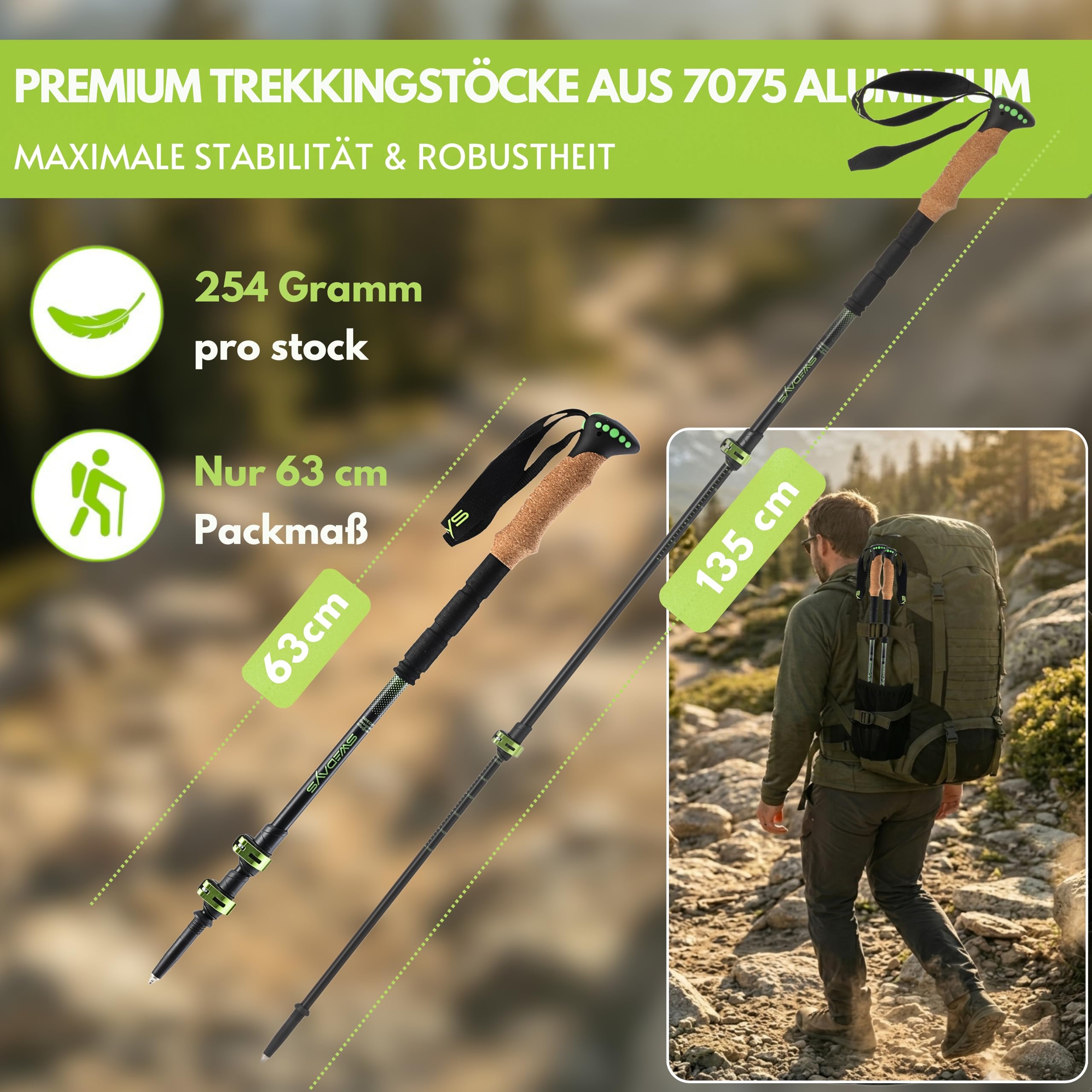 Kijki trekkingowe teleskopowe do Nordic Walking dla kobiet i mężczyzn, kijki trekkingowe, lekkie i regulowane, 63-135 cm, aluminiowe kijki trekkingowe z korkowym uchwytem i gumowym odbojnikiem