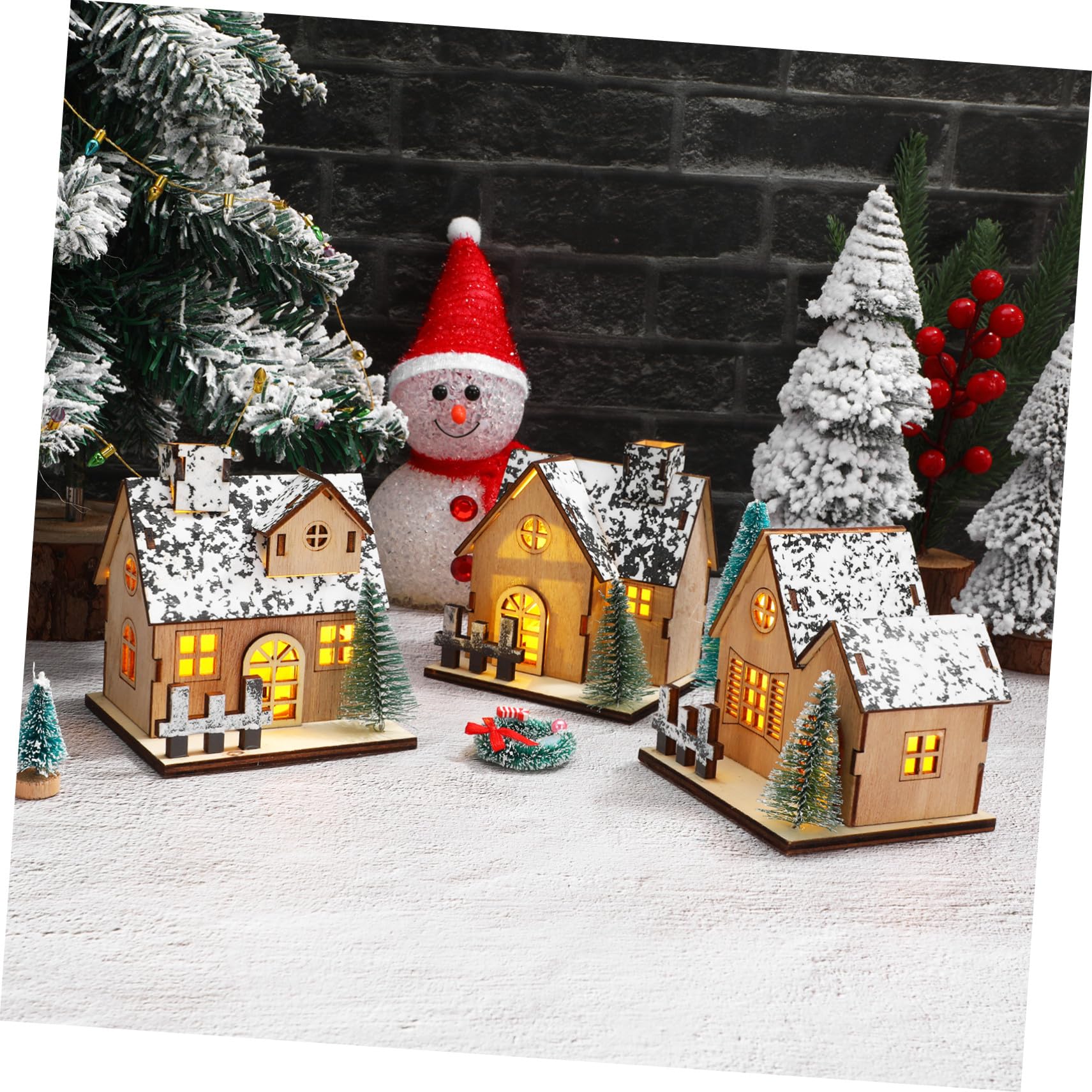 Hemobllo 3 pièces Maisons Miniatures de Noël Bois avec LED Décorations Lumineuses pour Village de Noël Ornements Non pour Centre de Table Festif