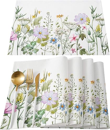 Juego de 4 manteles individuales de flores de primavera, antideslizantes, lavables, manteles individuales florales de colores para cocina, mesa de