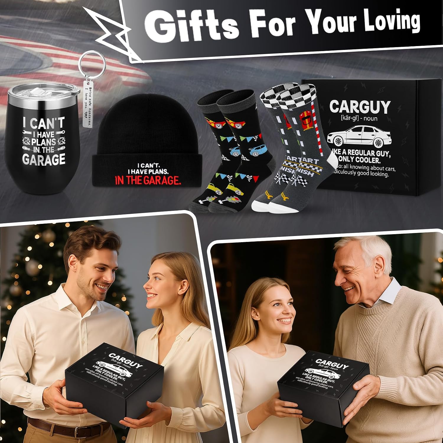 Geiserailie 6 Pcs Car Guy Gift for Men Christmas Gifts for Car Guys for Dad Boyfriend Husband Brother Male Friends Mechanic Coworker Lovers Mug Socks Hat Basket Presents Box