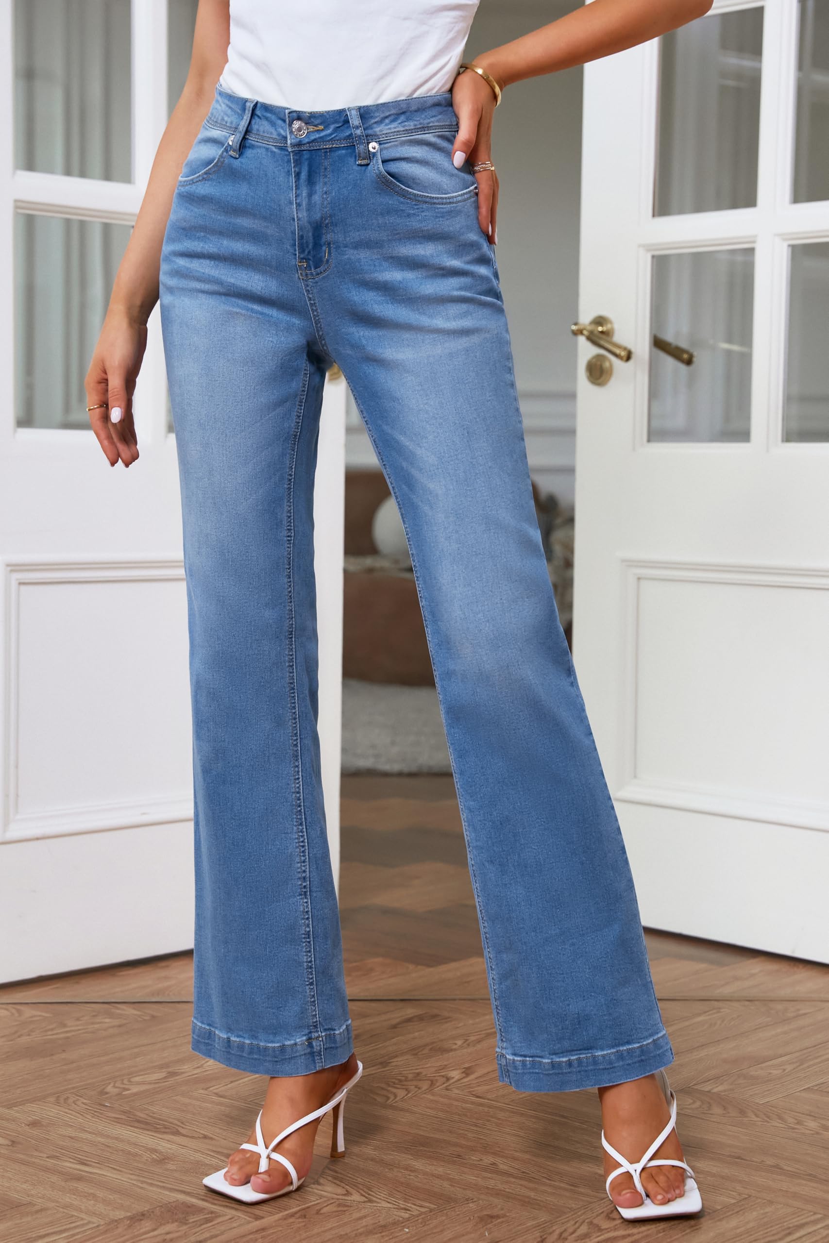 Roskiky Schlaghose Damen High Waist Wide Leg Baggy Jeans Stretch Hosen