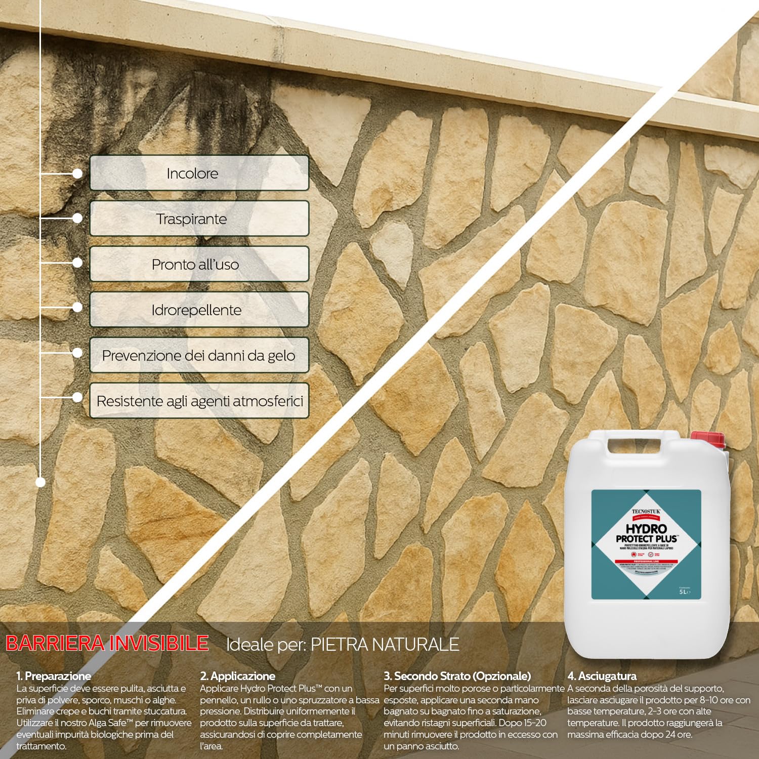 HydroProtectPlus Impermeabilizzante Terrazzi Nanotecnologico Trasparente - Idrorepellente per Pietra, Marmo, Cotto, Cemento, Mattoni - Traspirante Impermeabile per Piastrelle per Esterno (5 LITRI)