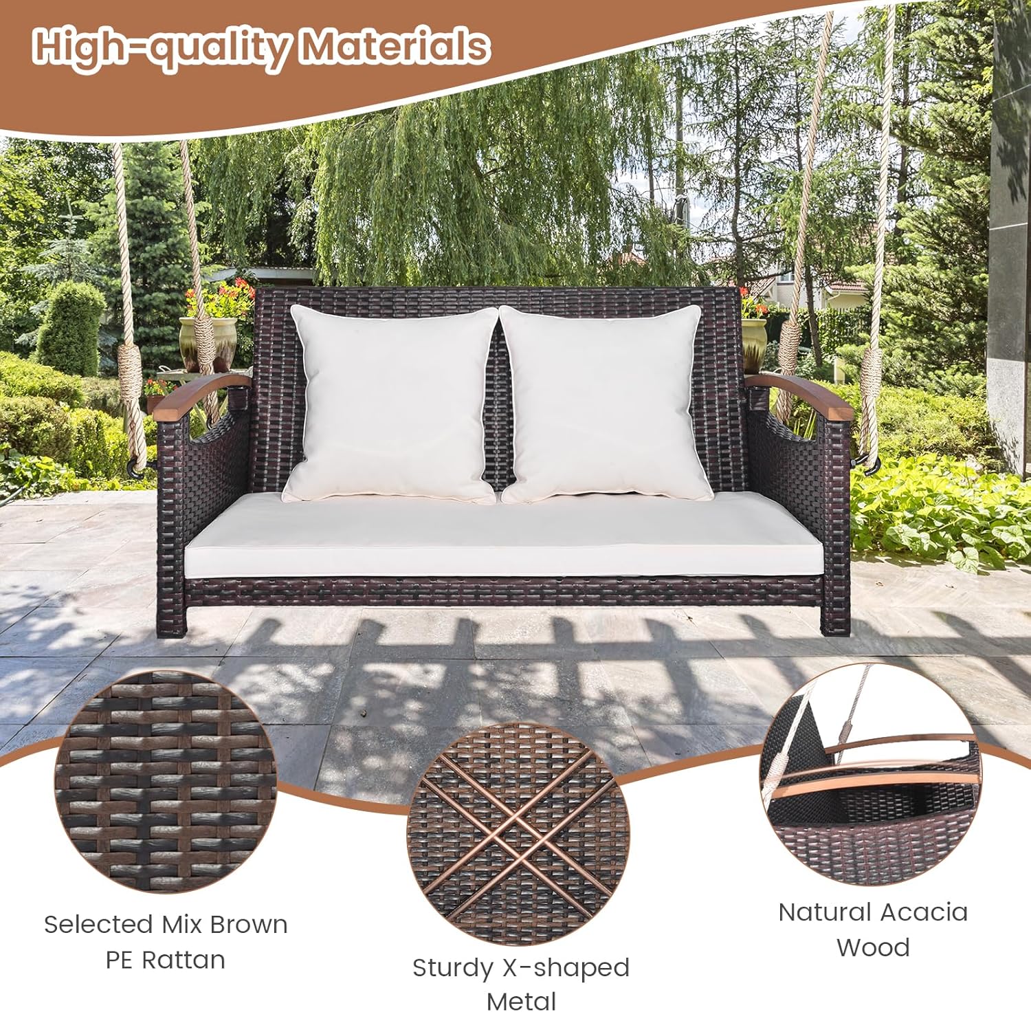 HAPPYGRILL 2-Seater Hanging Swing, Outdoor PE Rattan Hanging Swing with Curved Acacia Wood Armrests, Padded Cushions, Porch Swing Bench, Perfect for Patio Garden Deck, 800 lbs Weigh Capacity