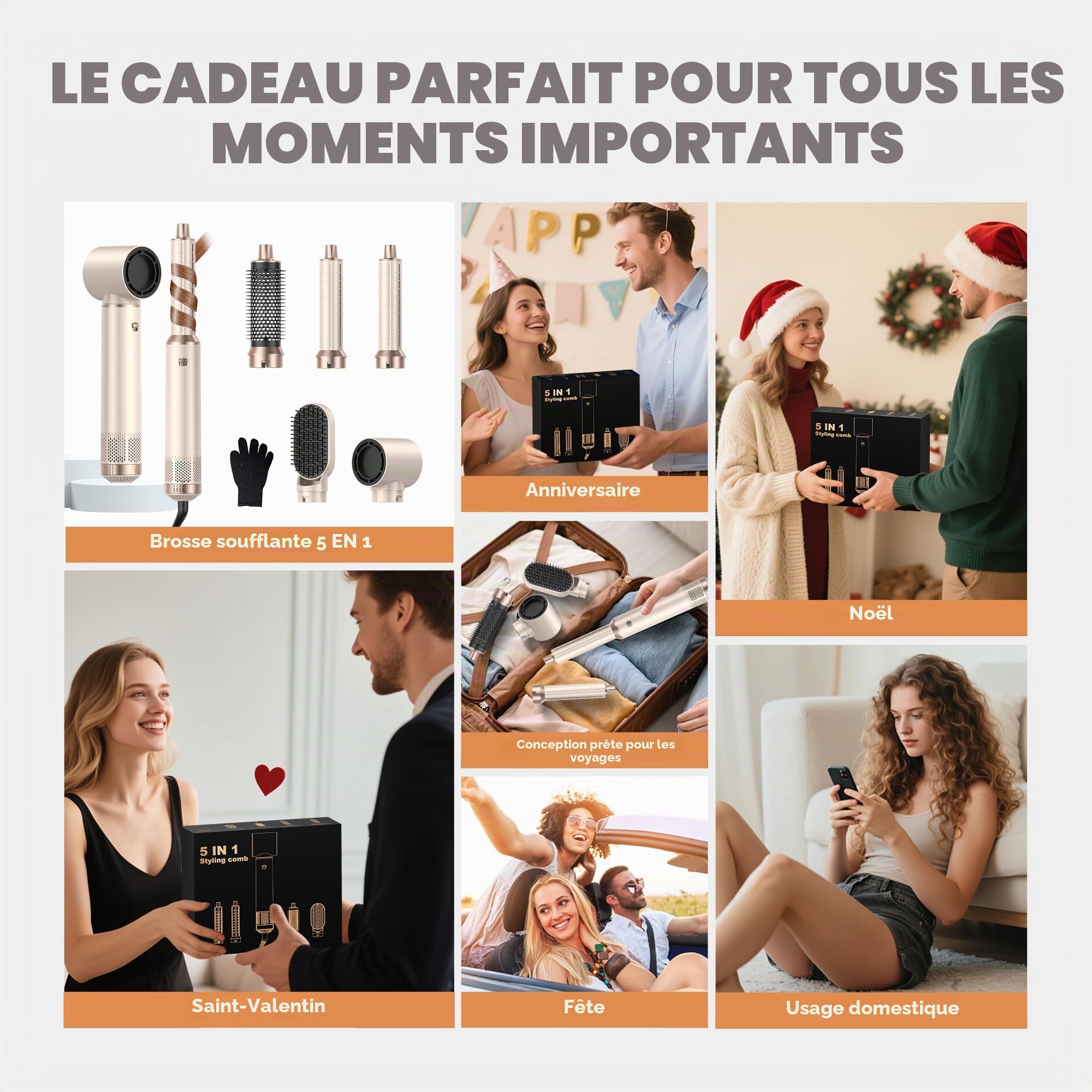 OKWRAP Airbrush 5 en 1, Hair Styler Air Brush 5 en 1 Air Styler avec Seche Cheveux, Brosse Soufflante, Fer a Boucler, Thermal Brush, Brosse Lissante Seche Cheveux 5 en 1 pour Sécher, Boucler, Lisser