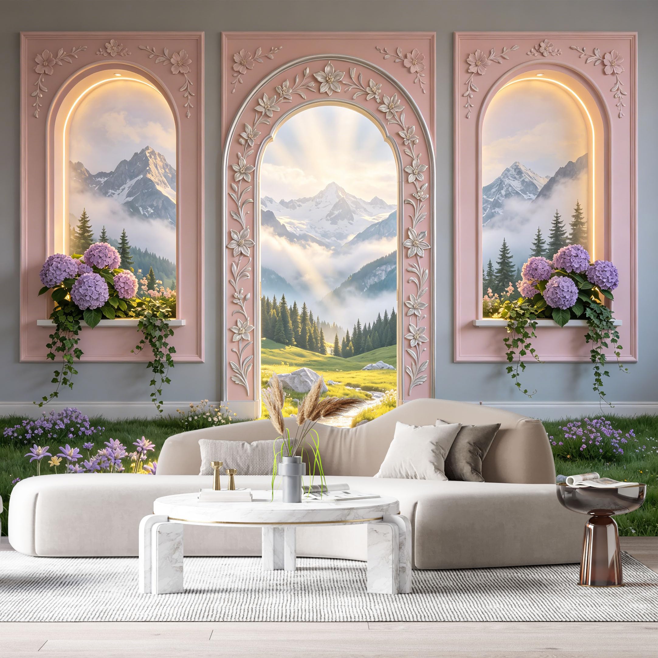 Custom Size Wall Murals Arch Window Mountain Lake Landscape 3D Trompe L'Oeil SelfAdhesive Wall Fabric Removable Large Wallpaper for Photo Living Room