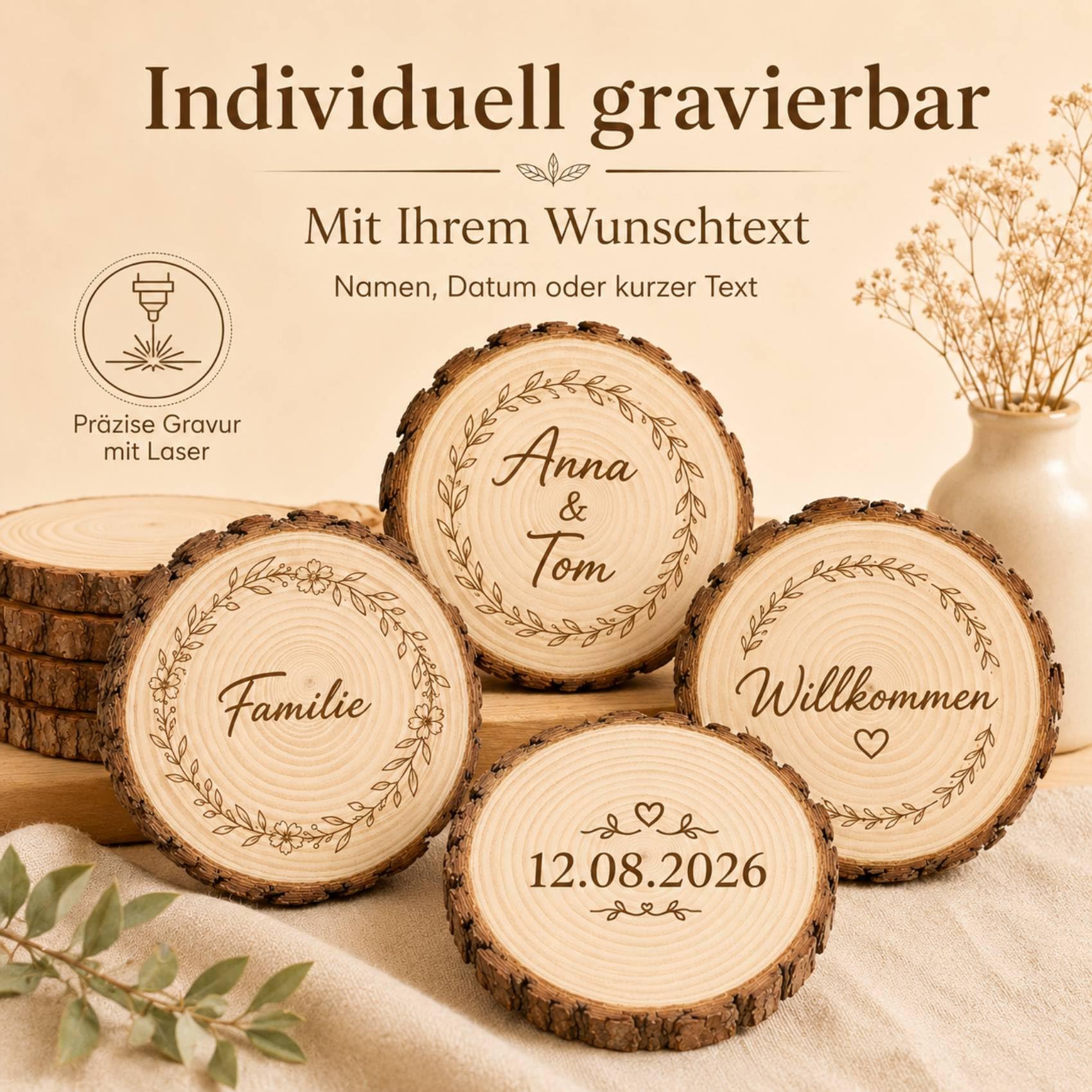 6er Set Personalisierter Holzscheiben mit Gravur Text Muster, 20-22 cm Durchmesser Baumscheiben Natur ohne Loch 15 mm Dicke, Große Holzscheiben für Hochzeit, Tischdeko & DIY Basteln