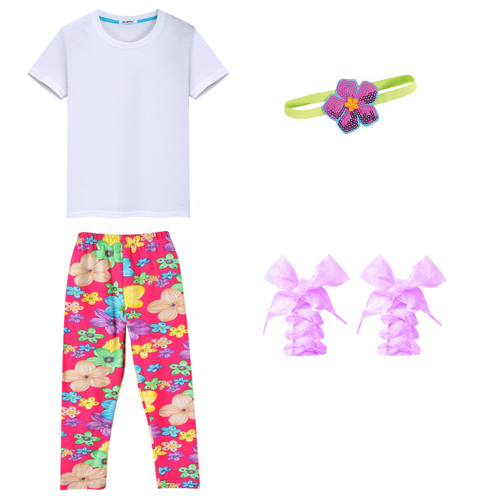 Princess Omalie 4 pc Gift Pack Set Kids Girls Capri Leggings Tee Shirt Matching ShoeLaces and Hairband