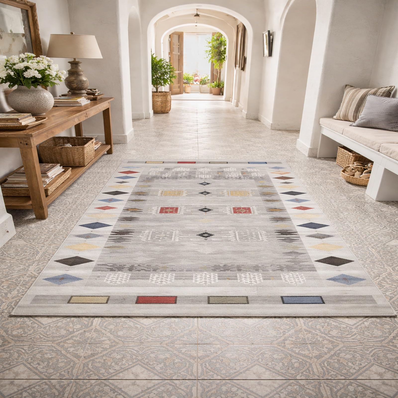 Tapis contemporain géométrique multicolore vintage à poils ras