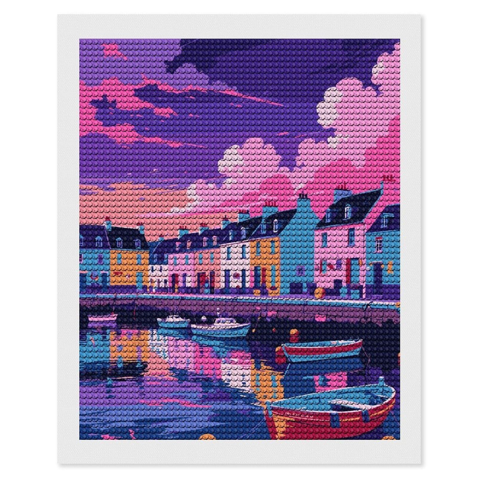 Junmoney Colorful Coastal Town with Boats Diamond Painting Canvas Set 16"x20", Easy to Enjoy, Adhesive Canvas, Office Decor, Holiday Gift Idea, with Tool Kit