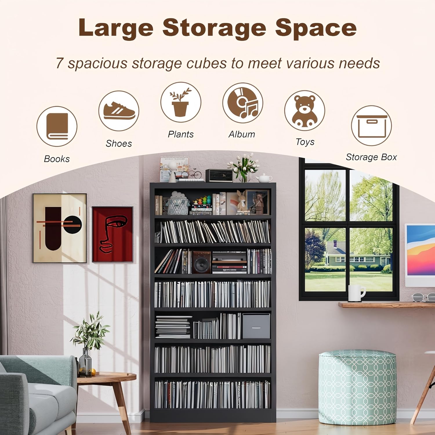 55" Media Storage Cabinet, Metal CD Storage Rack with 6 Adjustable Shelves, Large DVD Storage Shelf Rack for Living Room, Home Entertainment (Black)