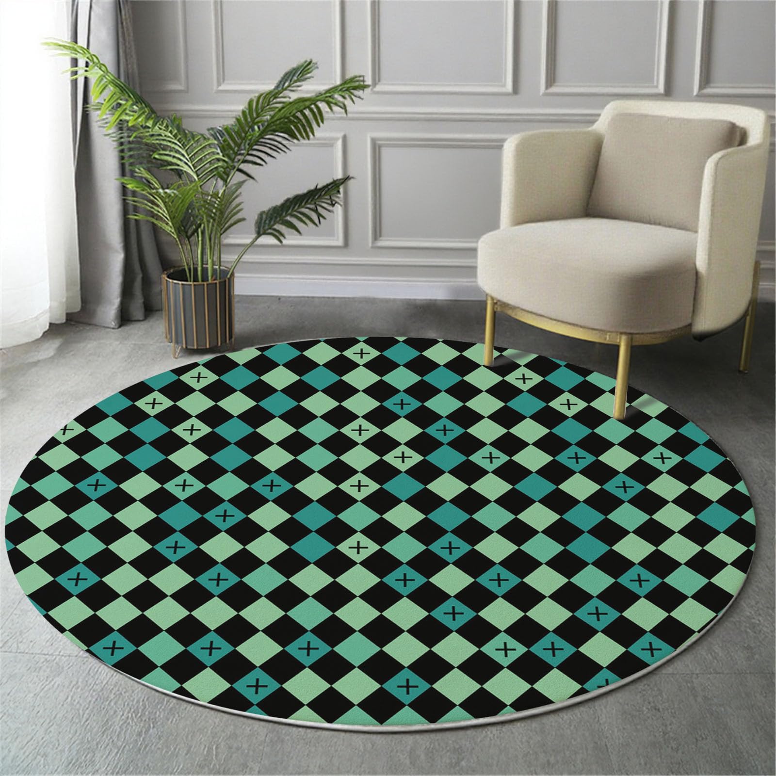 Tapis rond vert 120cm salon chambre déco géométrique imprimé