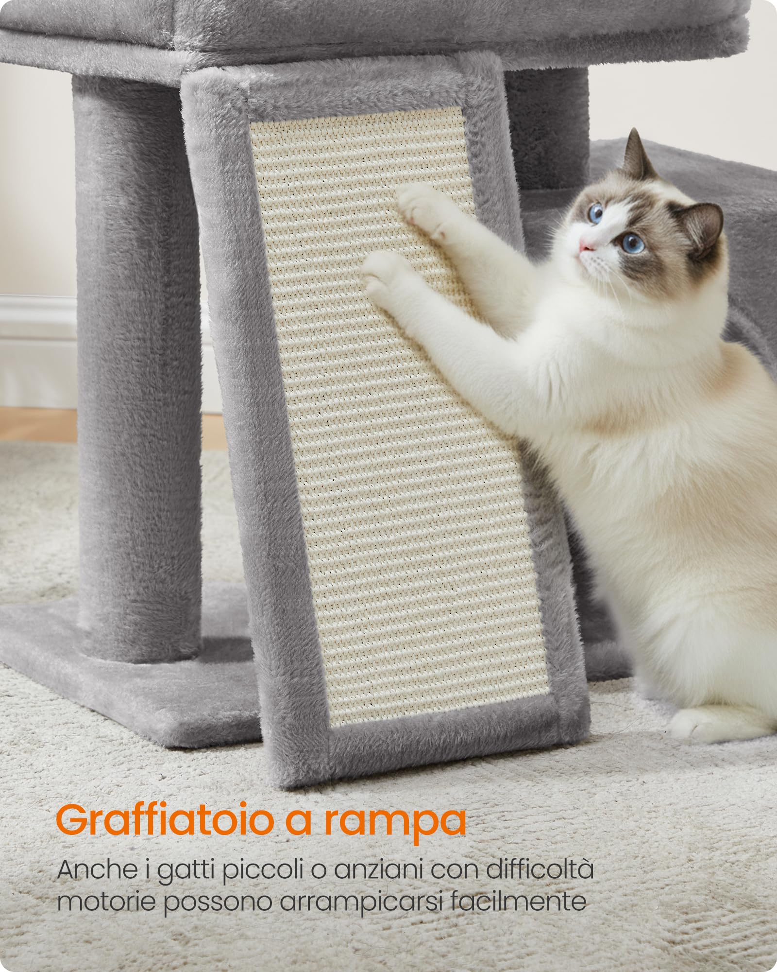 Feandrea Albero per Gatti Piccolo, Torre Tiragraffi per Gatti con Casetta, Rampa Graffiatoio Grande, Cuccia Superiore, Grotta, Alto 44,6 cm, Grigio Tortora PCT010GD01