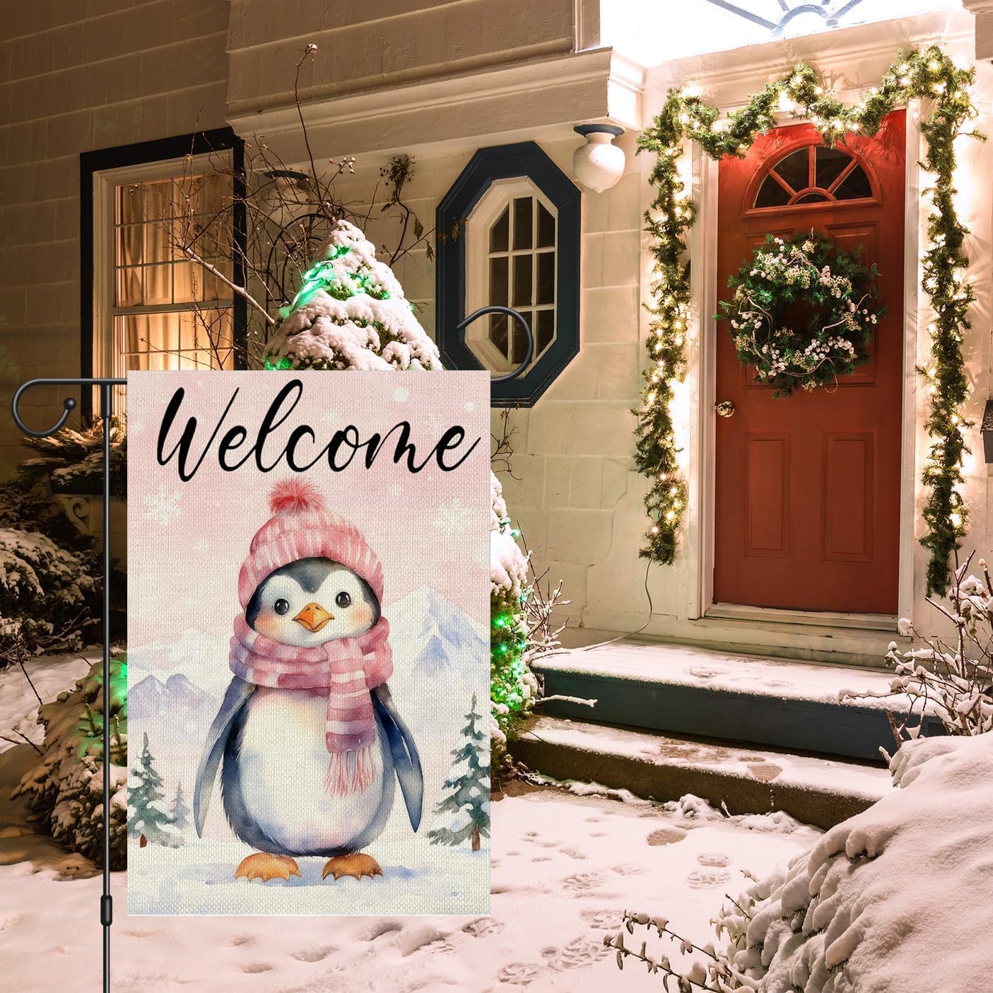 Pink Penguin Welcome Winter Garden Flag 12x18 Inch Double Sided,Cute Animal Snowflakes Trees Christams Farmhouse Small Burlap Seasonal Holiday Yard Outdoor Decor CBD033 - Image 3