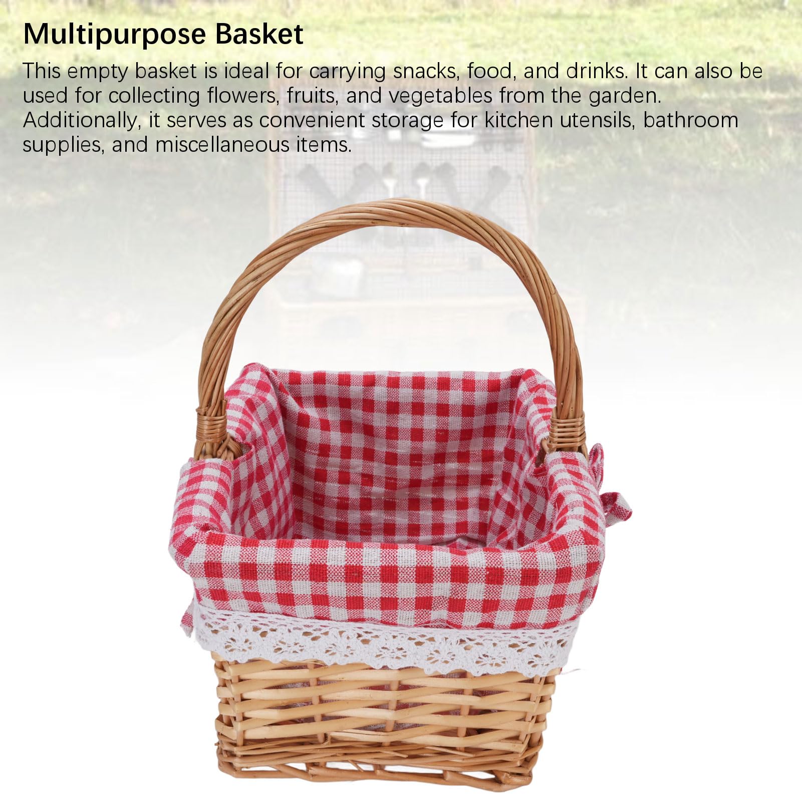 Fockety Cesta de Mimbre, Cesta de Picnic Tejida con Forro Desmontable, Cesta de Mimbre Ovalada para Regalos, Cesta de Almacenamiento Grande para Camping, Al Aire Libre, Halloween, (Cuadros Rojos)