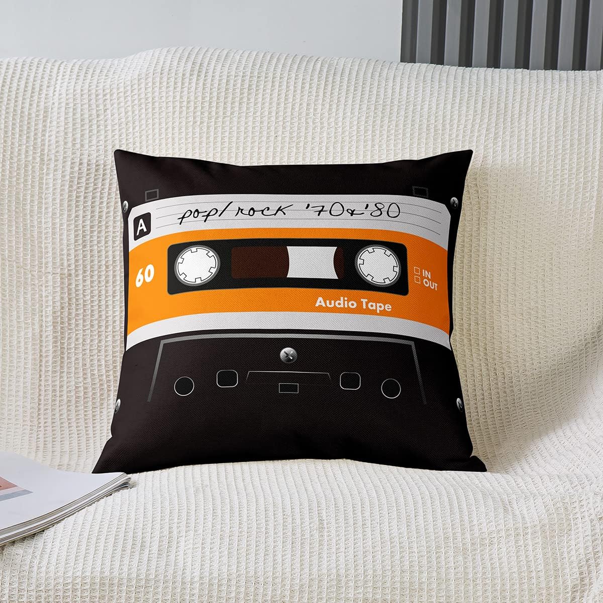 Set of 2 80S Party Throw Pillow Covers 24x24,Audio Cassette Cushion Covers For Sofa Couch,Vintage Music Theme Pillow Covers,Retro Tape Decorative Pillow Covers Music Art Style,Home Room Decor Black